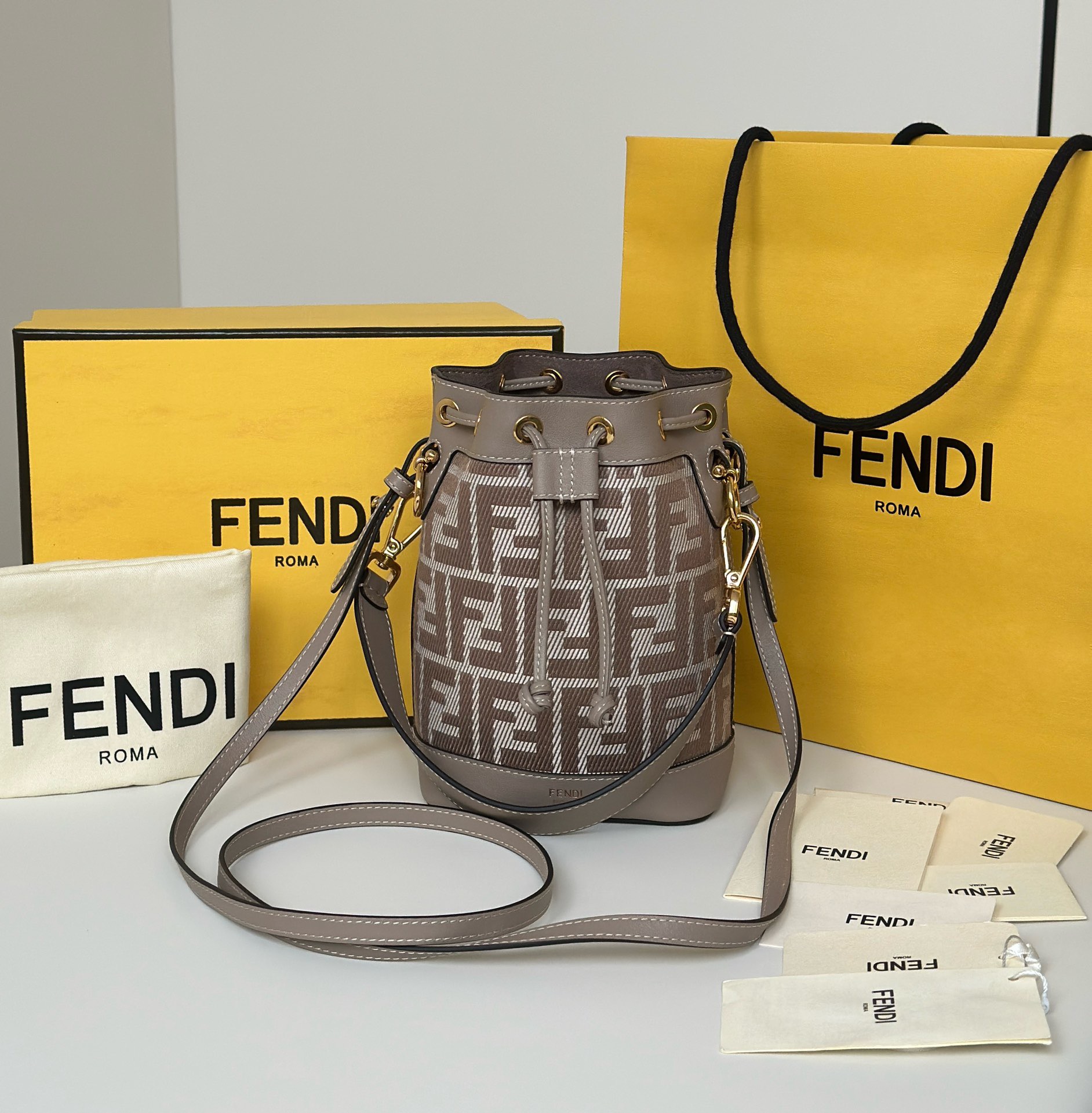 【15A】Fendi Grey / Blue  FF Jacquard Canvas Mon Tresor Mini Drawstring Bucket Bag - KAIROO