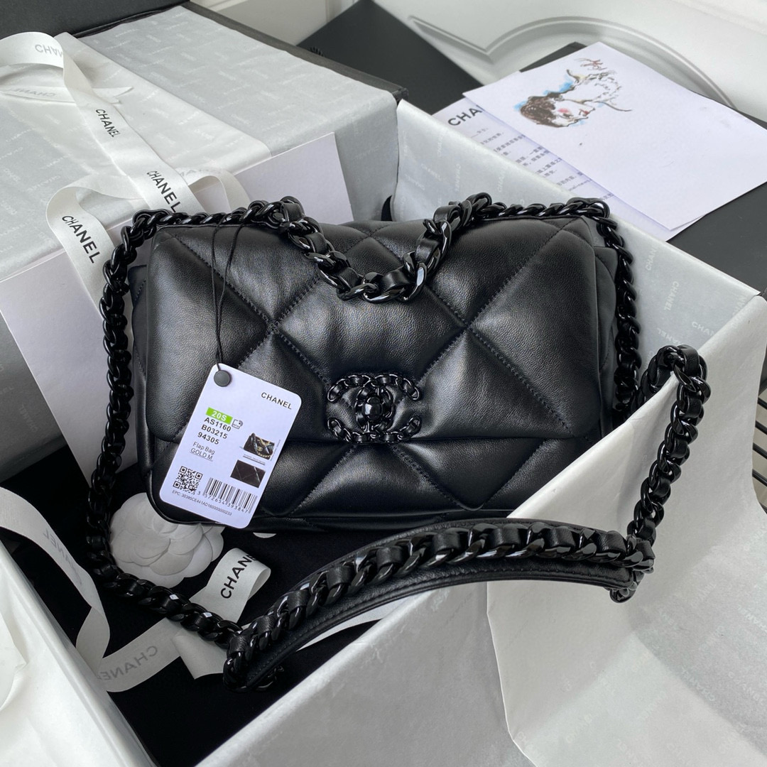 Chanel 19 Medium Handbag in Black Lambskin Black-Tone Metal