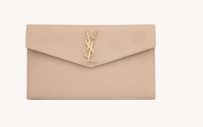 Saint Laurent Beige Uptown Small Clutch in Grained leather