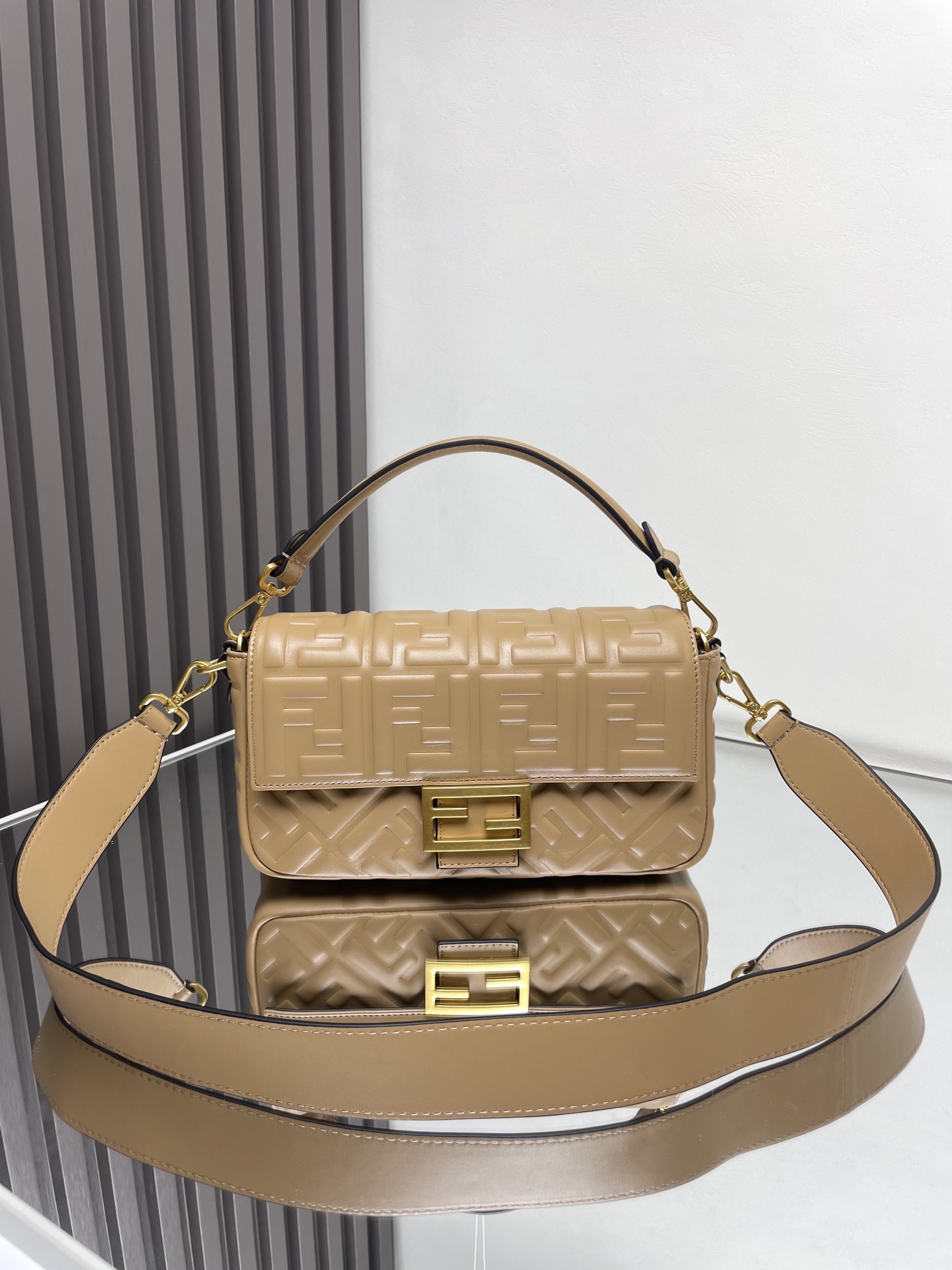 Fendi Medium Baguette FF Embossed Leather Bag-Beige