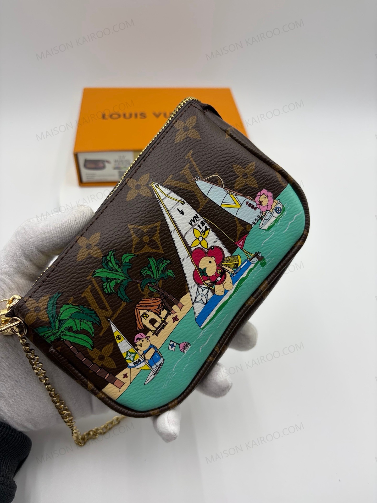 Louis Vuitton LV Mini Pochette Accessoires Vivienne Tropical Sailboat Brown Monogram Chain Pouch Bag - KAIROO