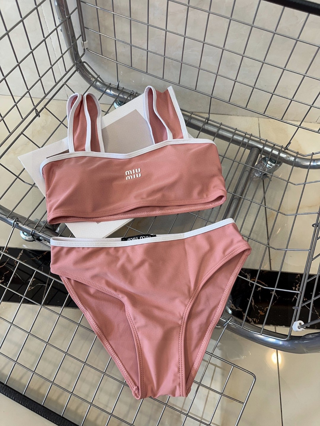 Miu Miu Dusty Pink Double Strap Color Block Bandeau Logo Bikini Two-Piece Swimsuit - KAIROO