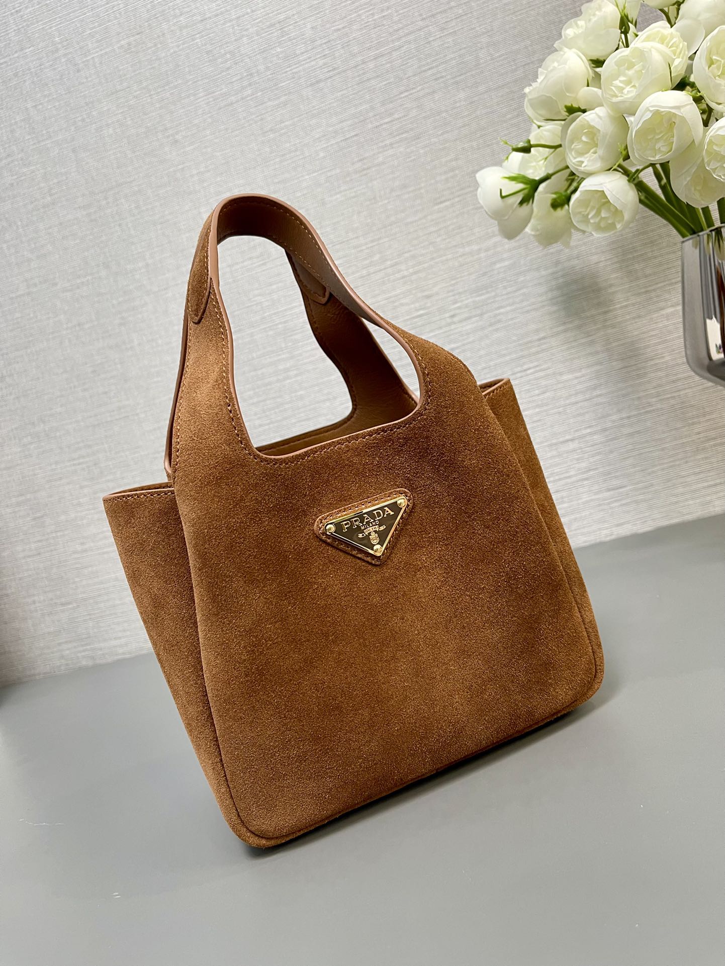 Prada  MINI TOTE BAG 18 IN RED BROWN SUEDE GOLD LOGO