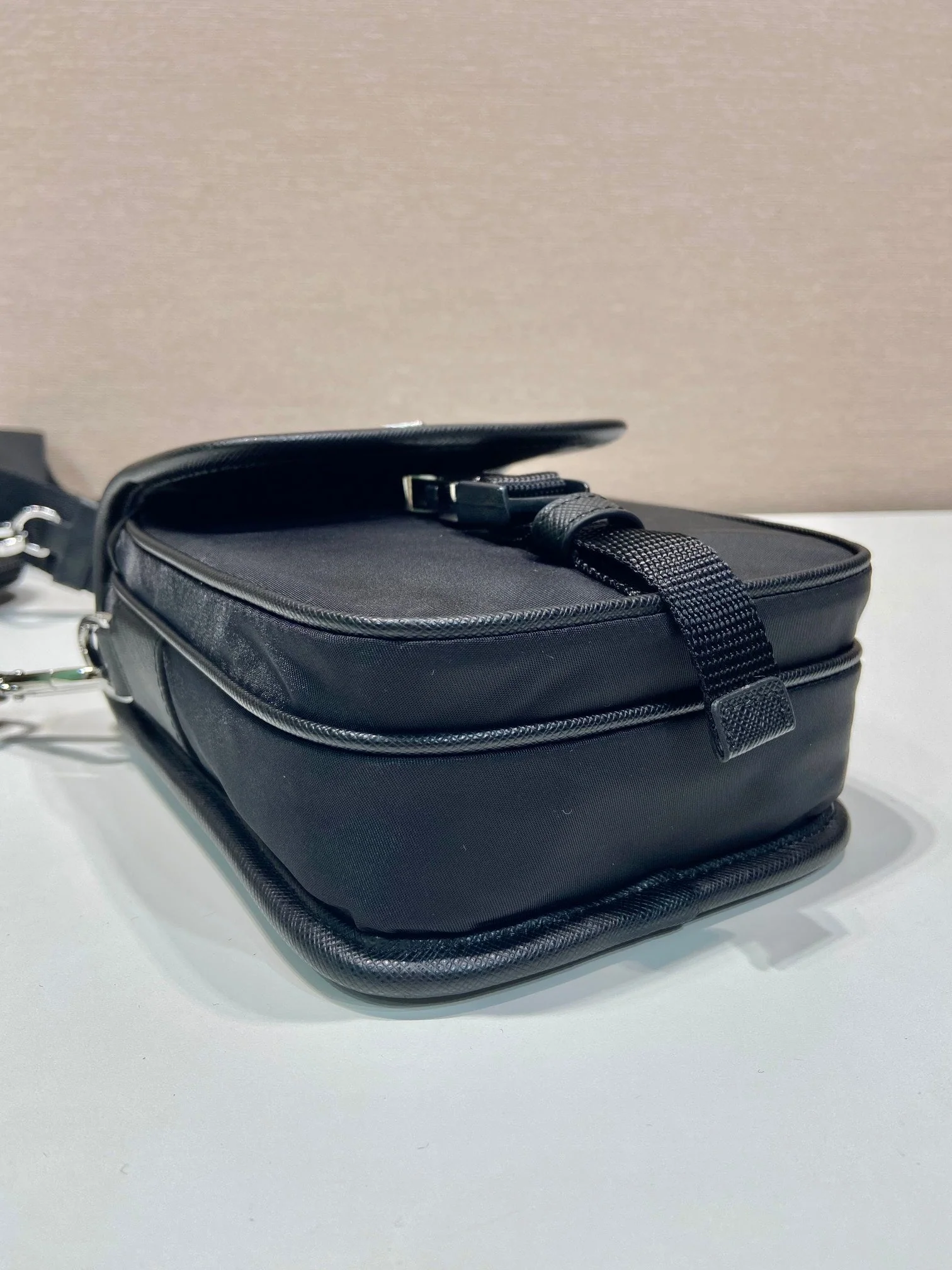 Prada PHONE BAG 19 IN BLACK RE-NYLON AND SAFFIANO LEATHER TRIM