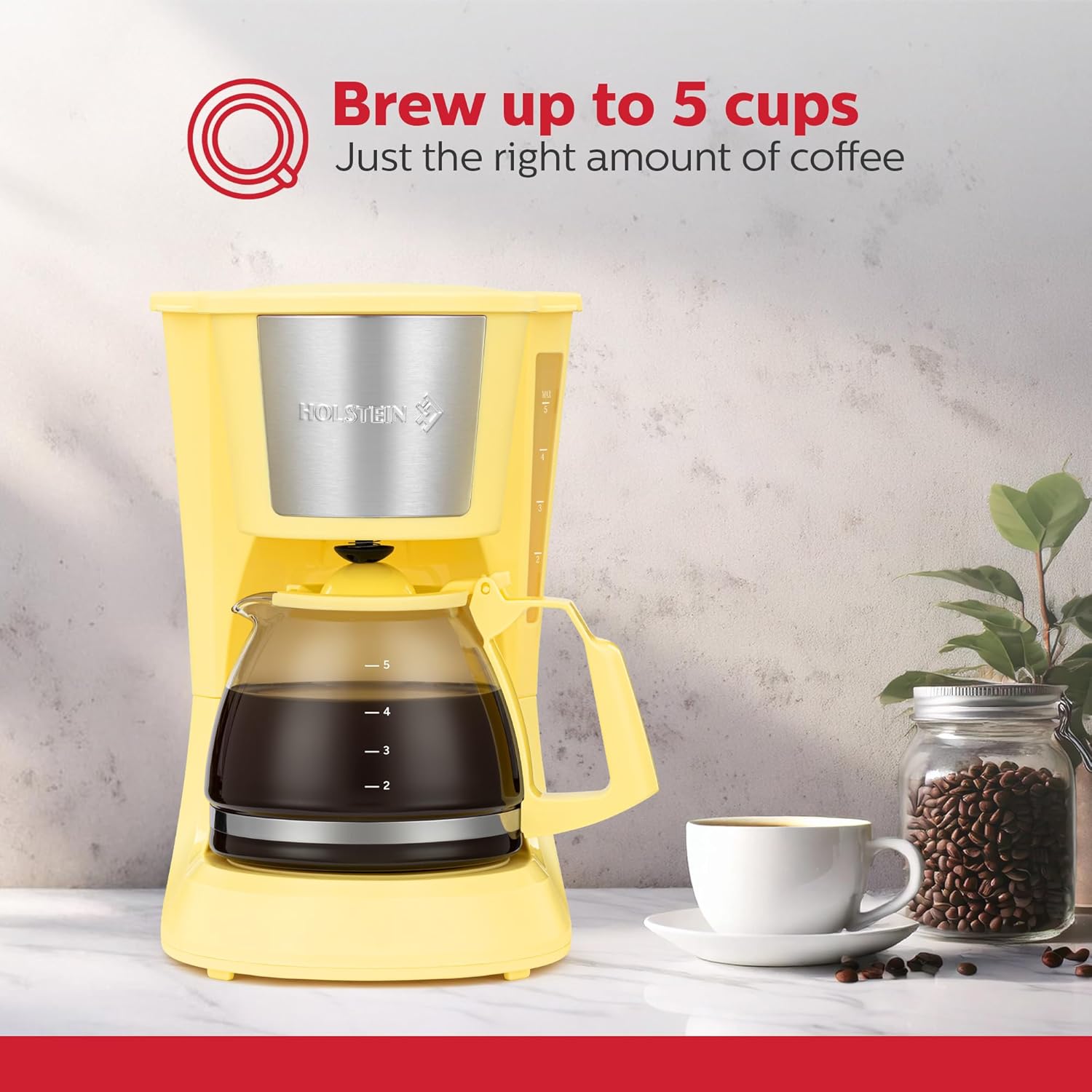 Holstein Housewares 5 Cup Drip Coffee Maker – Compact and User-Friendly with Auto Pause & Serve, Reusable Filter, Measuring Spoon & Glass Carafe, Office & Dorm Use, Yellow