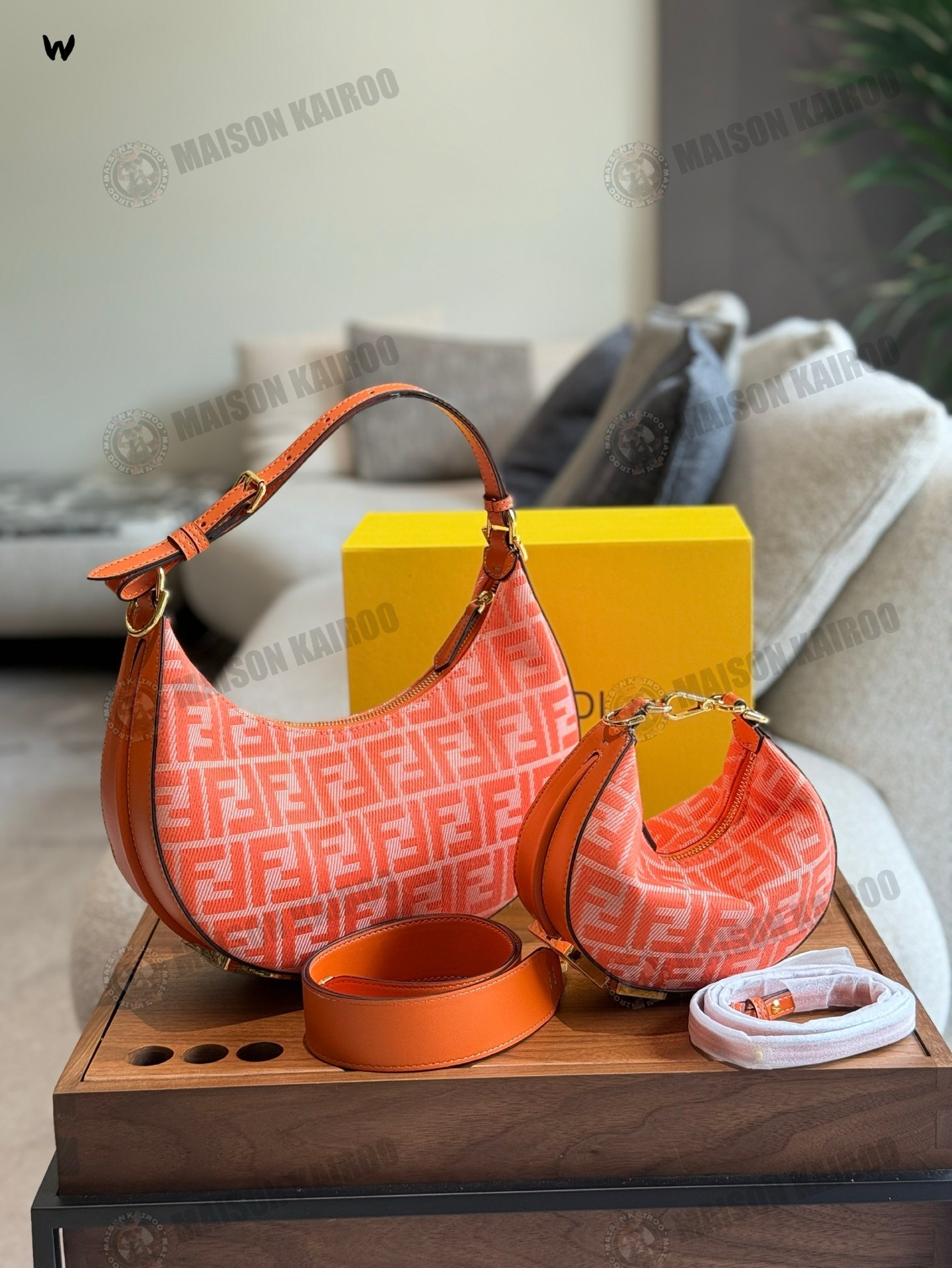 Fendi Fendigraphy FF Mini/Small Orange Jacquard Crescent Hobo Bottom Gold Lettering Logo Shoulder Bag - KAIROO