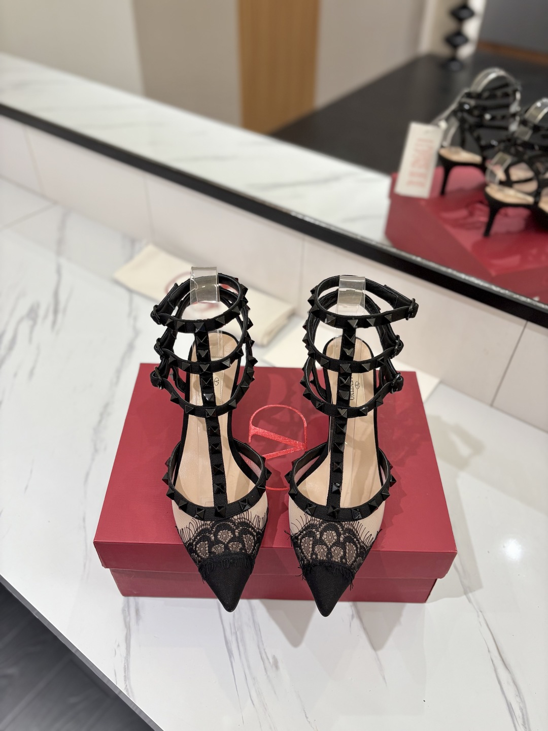 Valentino Rockstud Pointed Toe Triple Straps T-Strap Black Lace Mesh Pyramid Studded Pumps Heels - KAIROO