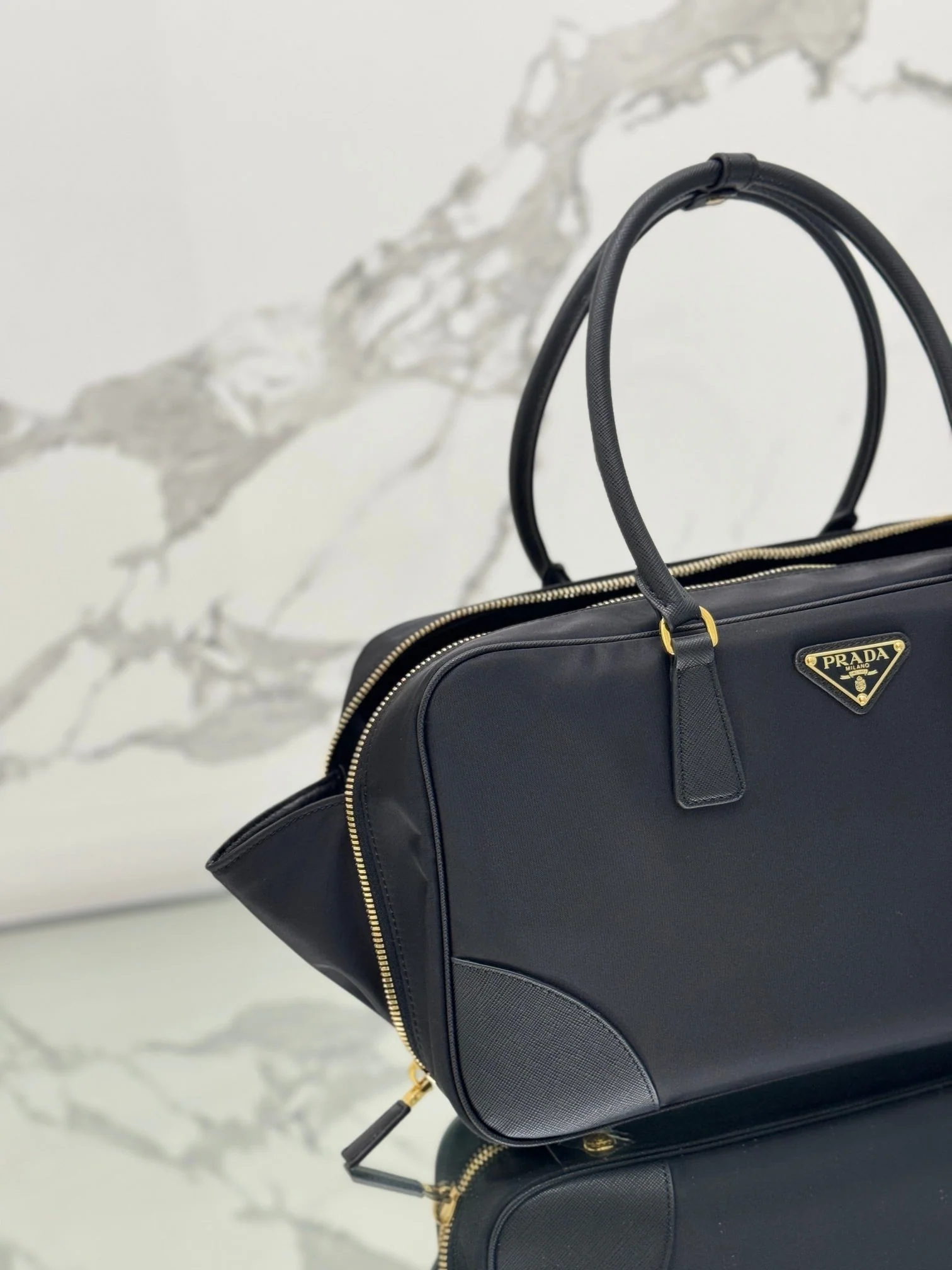 Prada LARGE TOP HANDLE BAG 35 IN BLACK NYLON AND CALFSKIN TRIM