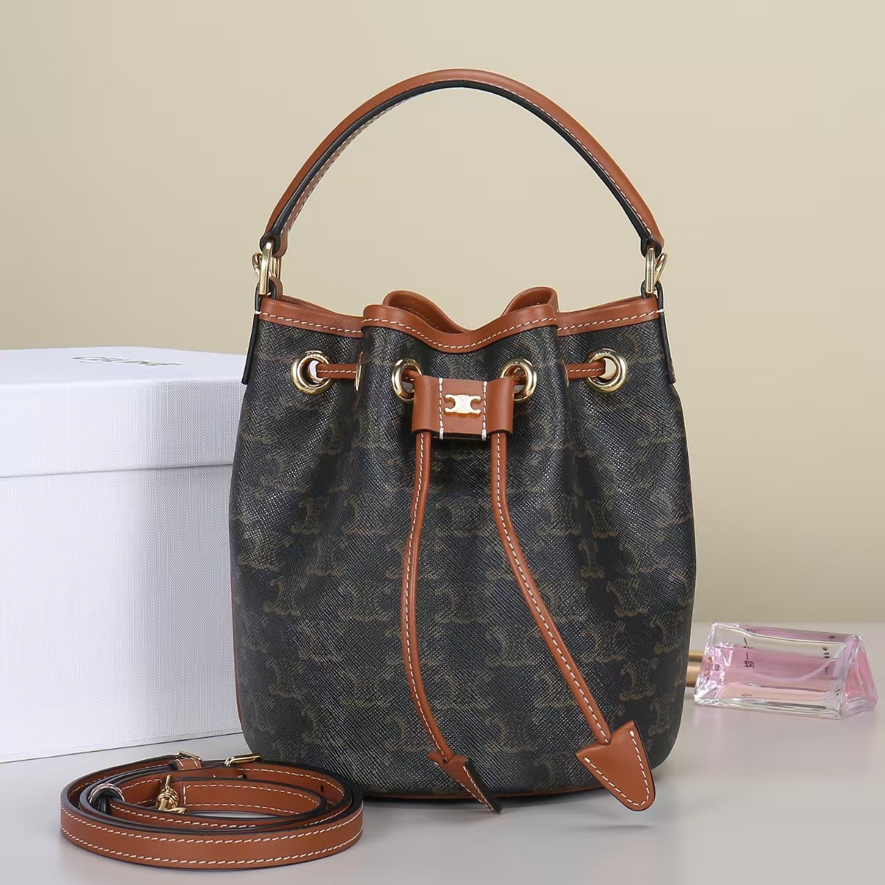 Celine Small Triomphe Monogram Grained Leather Metal Logo Drawstring Crossbody Bucket Bag - KAIROO