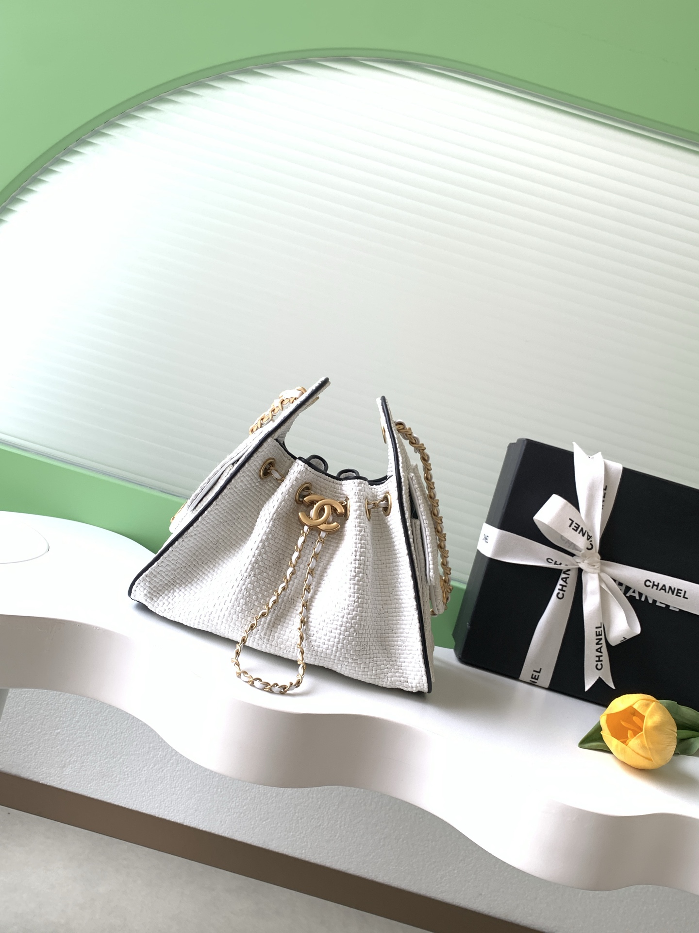 Chanel 25 Mini Handbag in White and black Braided Raffia