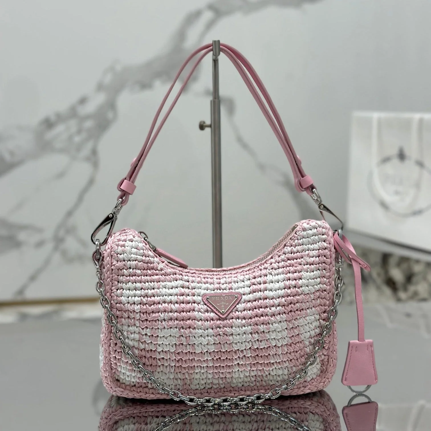 Prada CROCHET HOBO BAG 22 IN PINK MIX WHITE RAFFIA SILVER HARDWARE