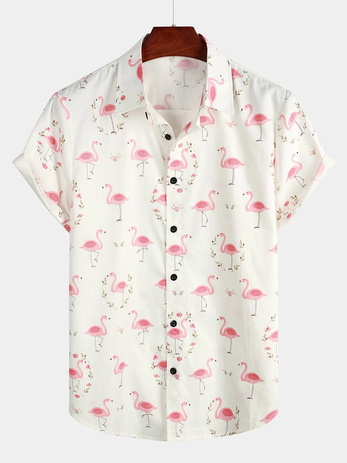 Men's Pink Flamingo Print Cotton Casual Short Sleeve Shirt