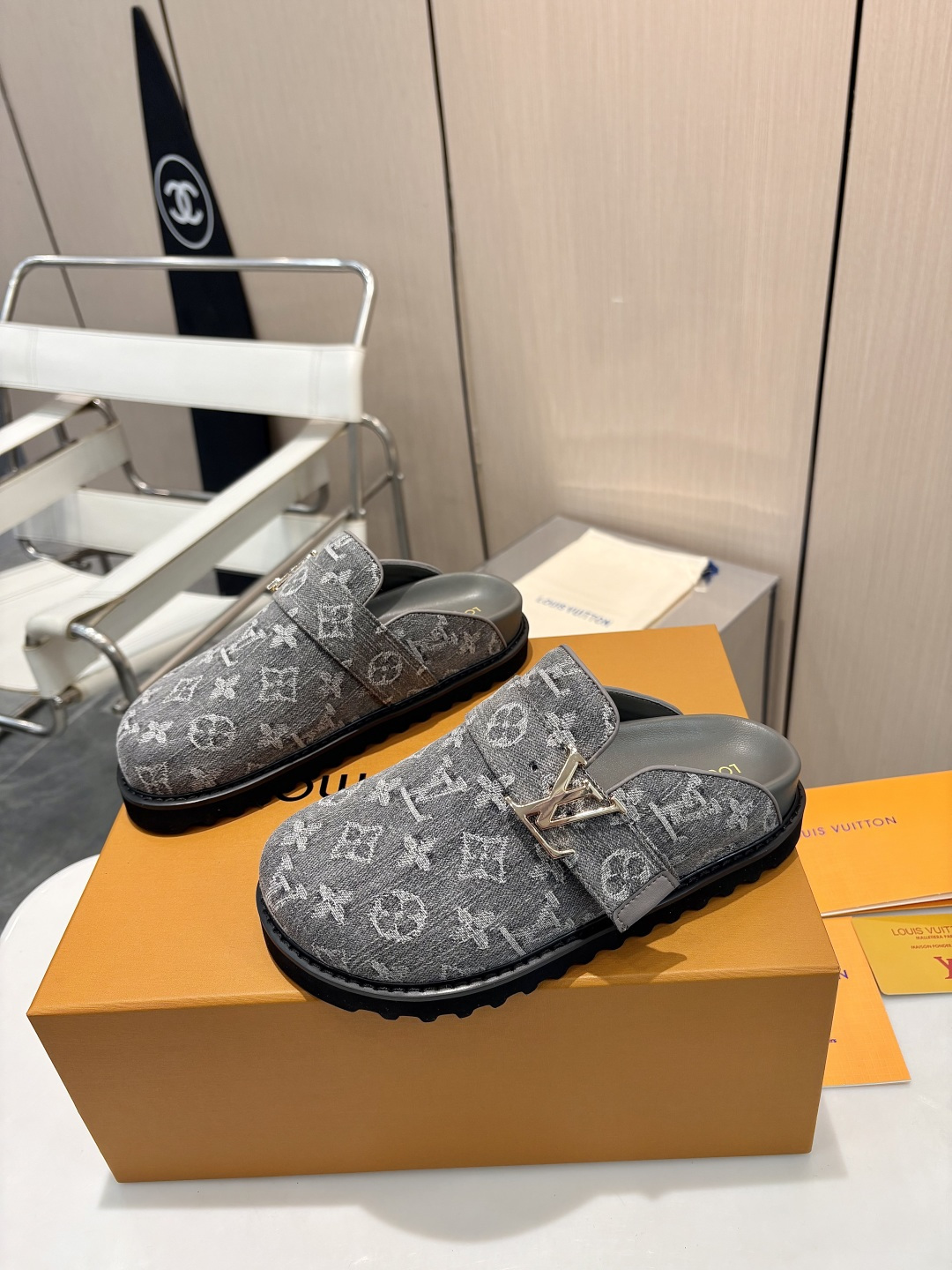Louis Vuitton Cosy Monogram Grey Denim Silver Logo Buckle Flat Birkenstock Sandals Clog Mules - KAIROO