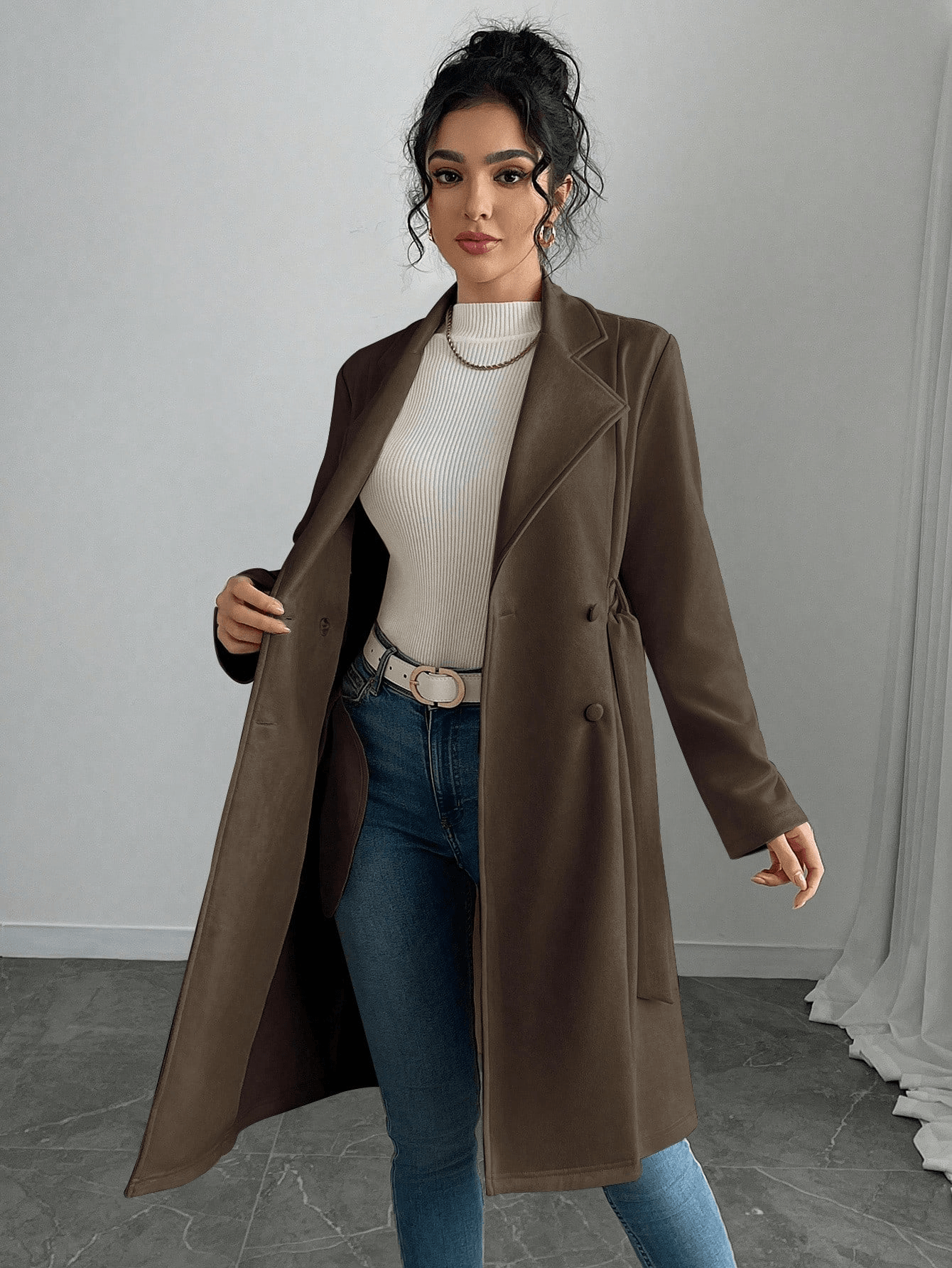 Women Solid Faux Suede Double Breasted Casual Jacket