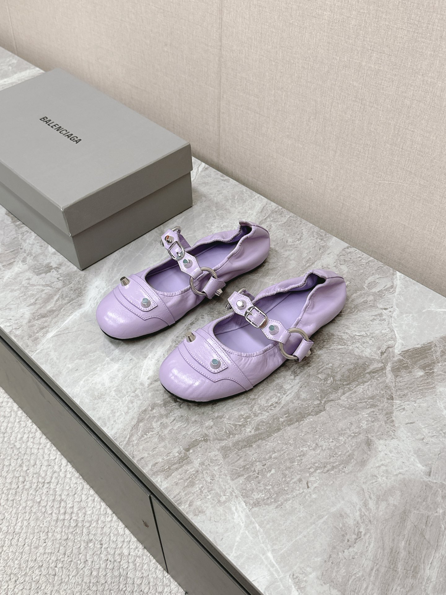 Balenciaga Cagole Purple Arena Leather Studded Buckle Strap Moto Mary Janes Ballerina Flats - KAIROO