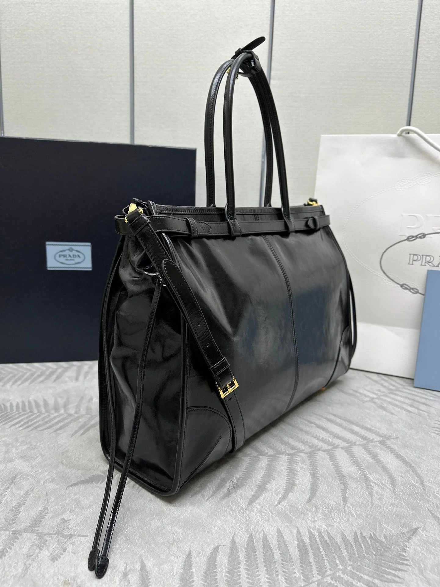 Prada TOTE BAG 42 IN BLACK OIL WAX LAMBSKIN GOLD HARDWARE