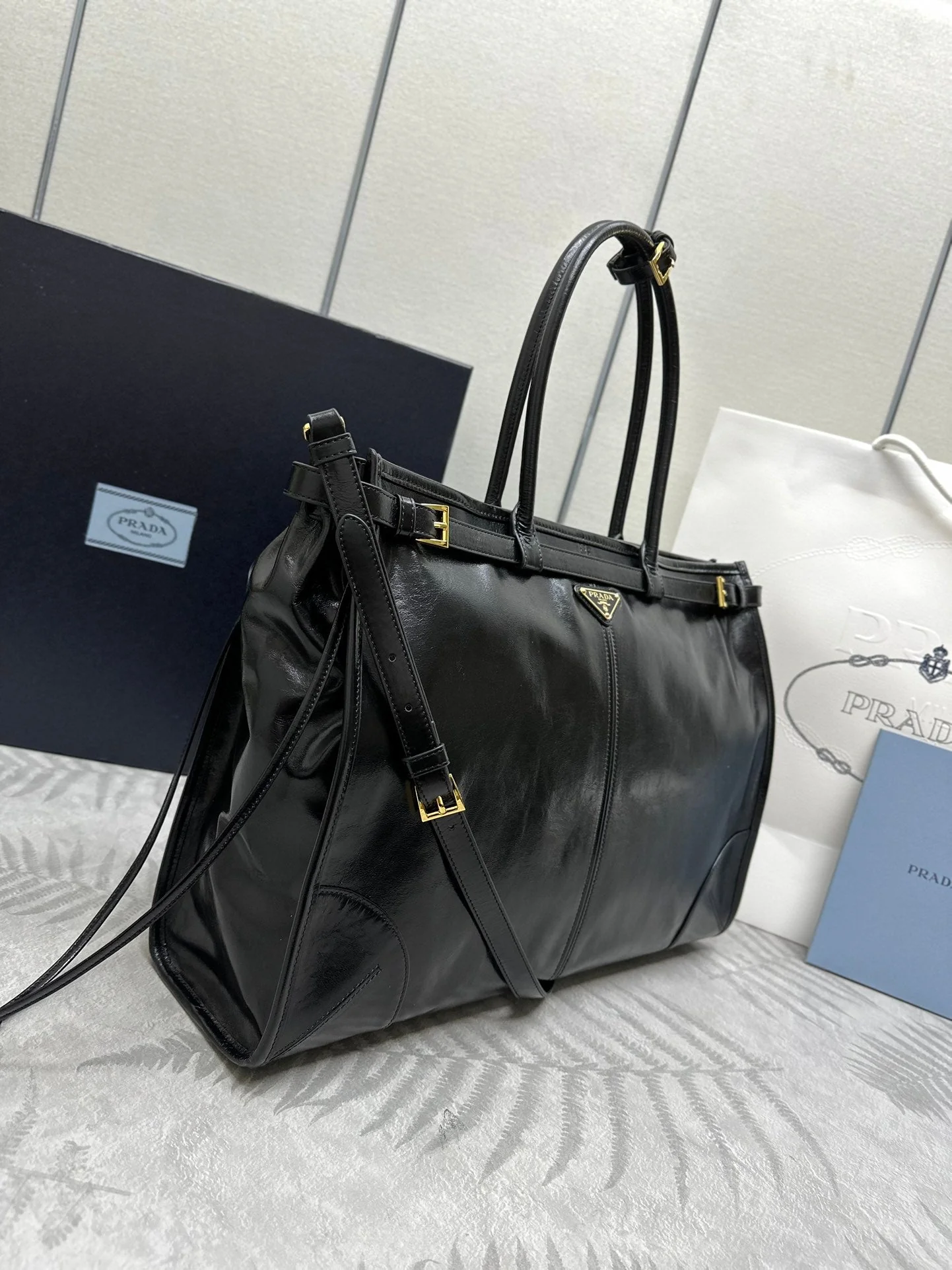 Prada TOTE BAG 42 IN BLACK OIL WAX LAMBSKIN GOLD HARDWARE
