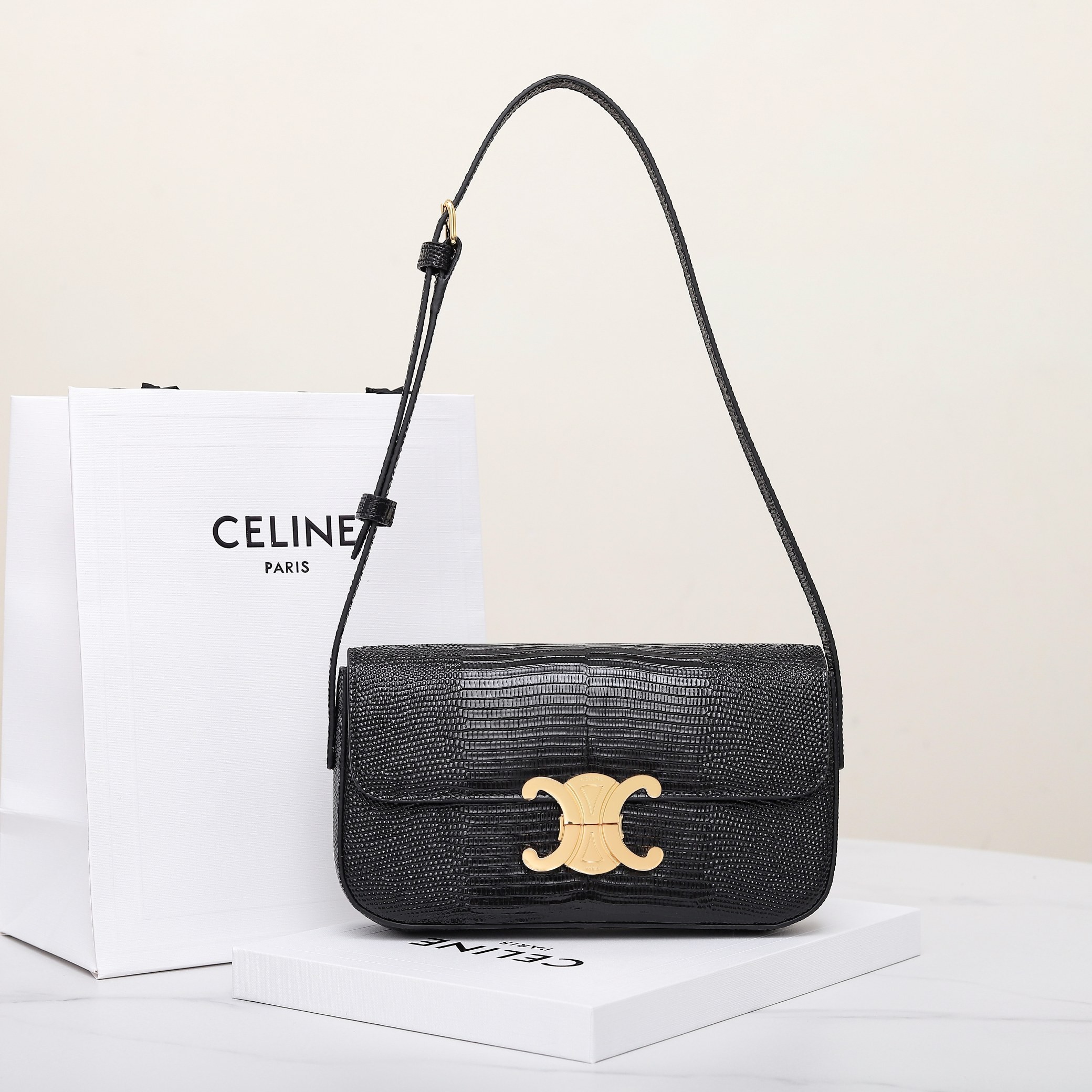 Celine Claude Ombre& Black Lizard Fine Leather Gold Triomphe Clasp Sleek Baguette Bag - KAIROO