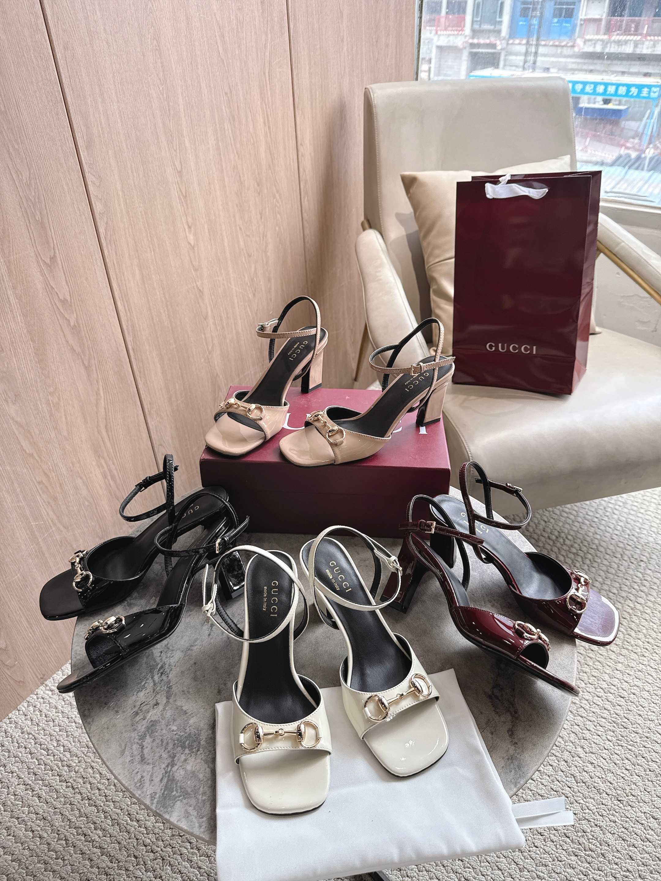 Gucci Horsebit Patent Leather Square Toe Ankle Strap Block Heel Sandals - KAIROO