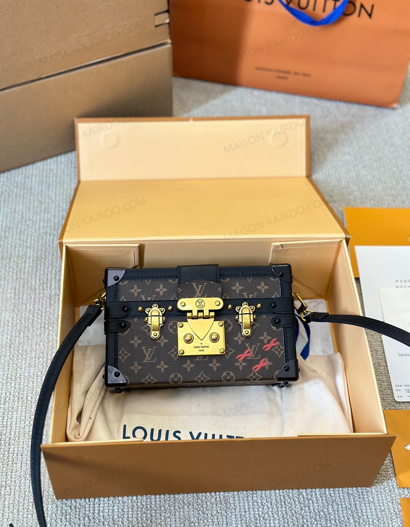 Louis Vuitton LV Petite Malle Trunk Monogram Canvas Black Leather S-Twist Lock Shoulder Crossbody Bag - KAIROO