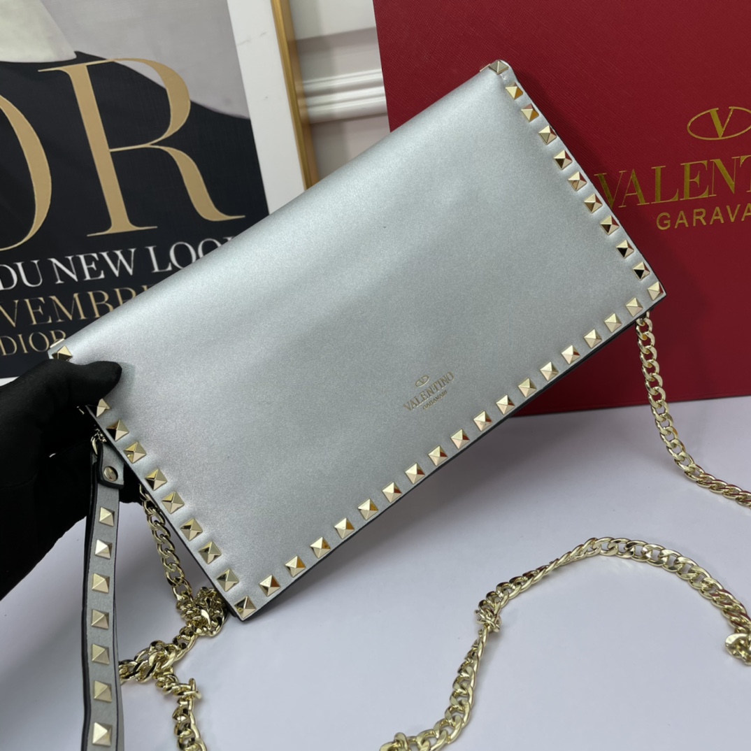 Valentino Rockstud Silver Leather Studs Flap Wristlet Strap Clutch Chain Envelope Crossbody Bag - KAIROO