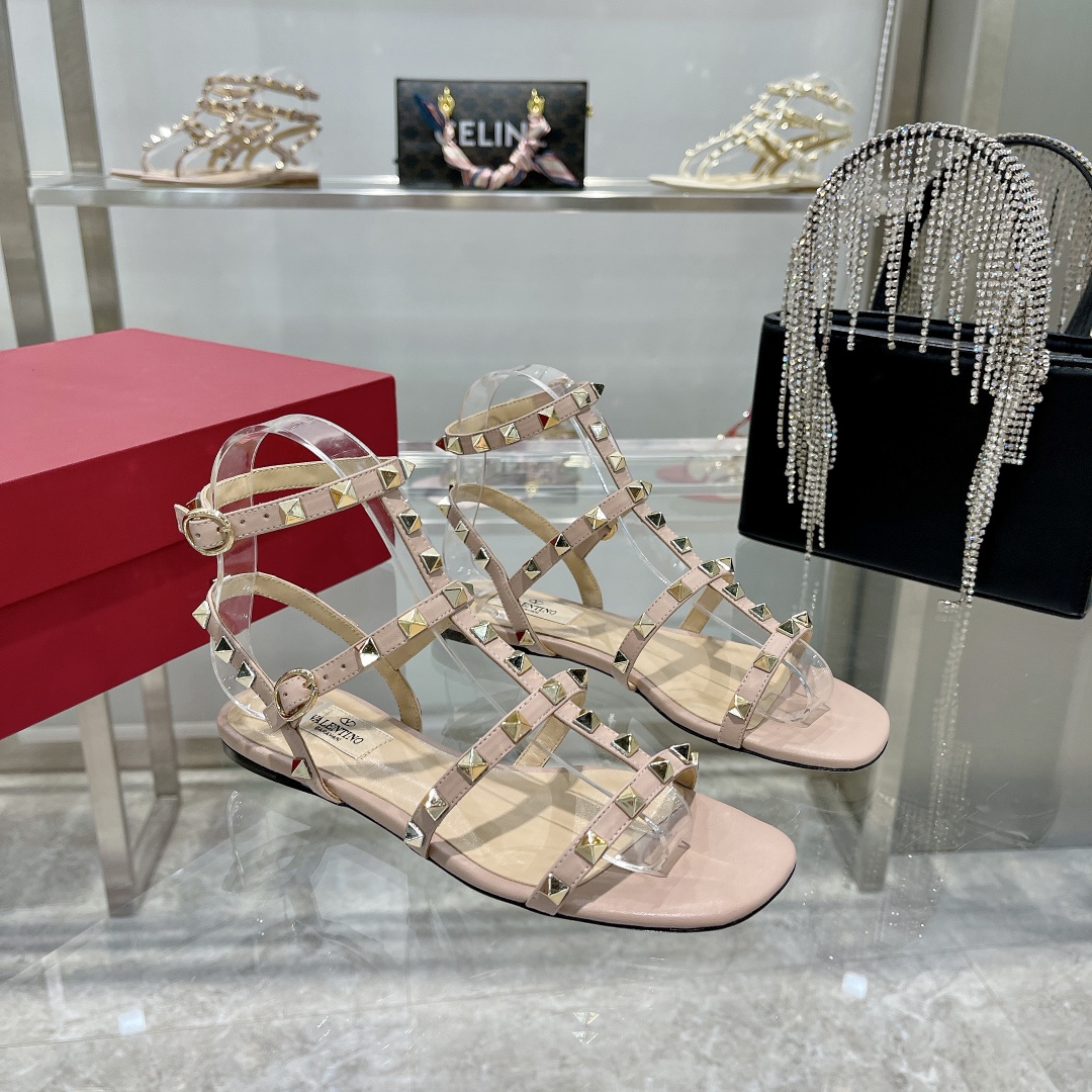 Valentino Rockstud Poudre Nude Leather Cage Triple Buckle Multi-Strap Studded Flat Sandals - KAIROO