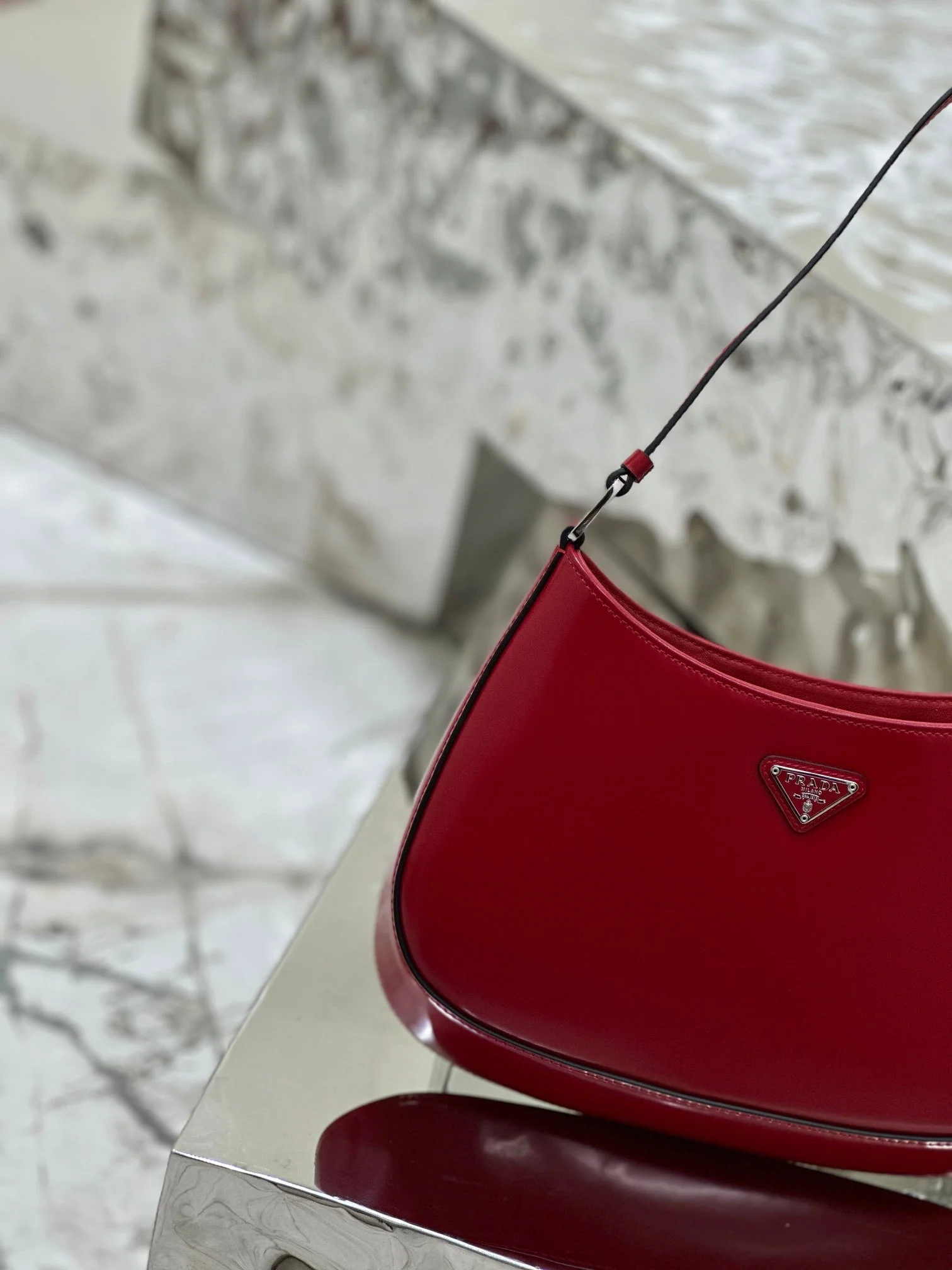 Prada CLEO 27 DARK RED BRUSHED LEATHER SHOULDER BAG