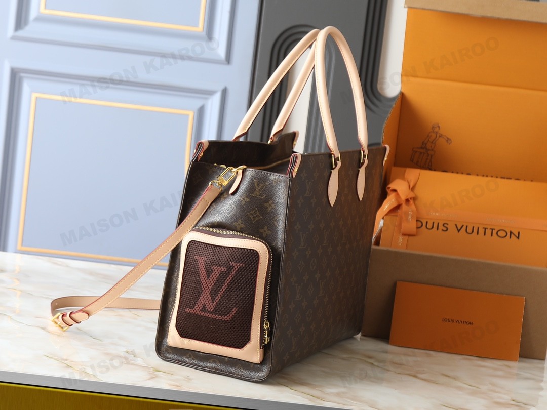 Louis Vuitton LV OnTheGo Cat Monogram Brown Canvas Top Handle Tote Travel Bag With Mesh Window - KAIROO