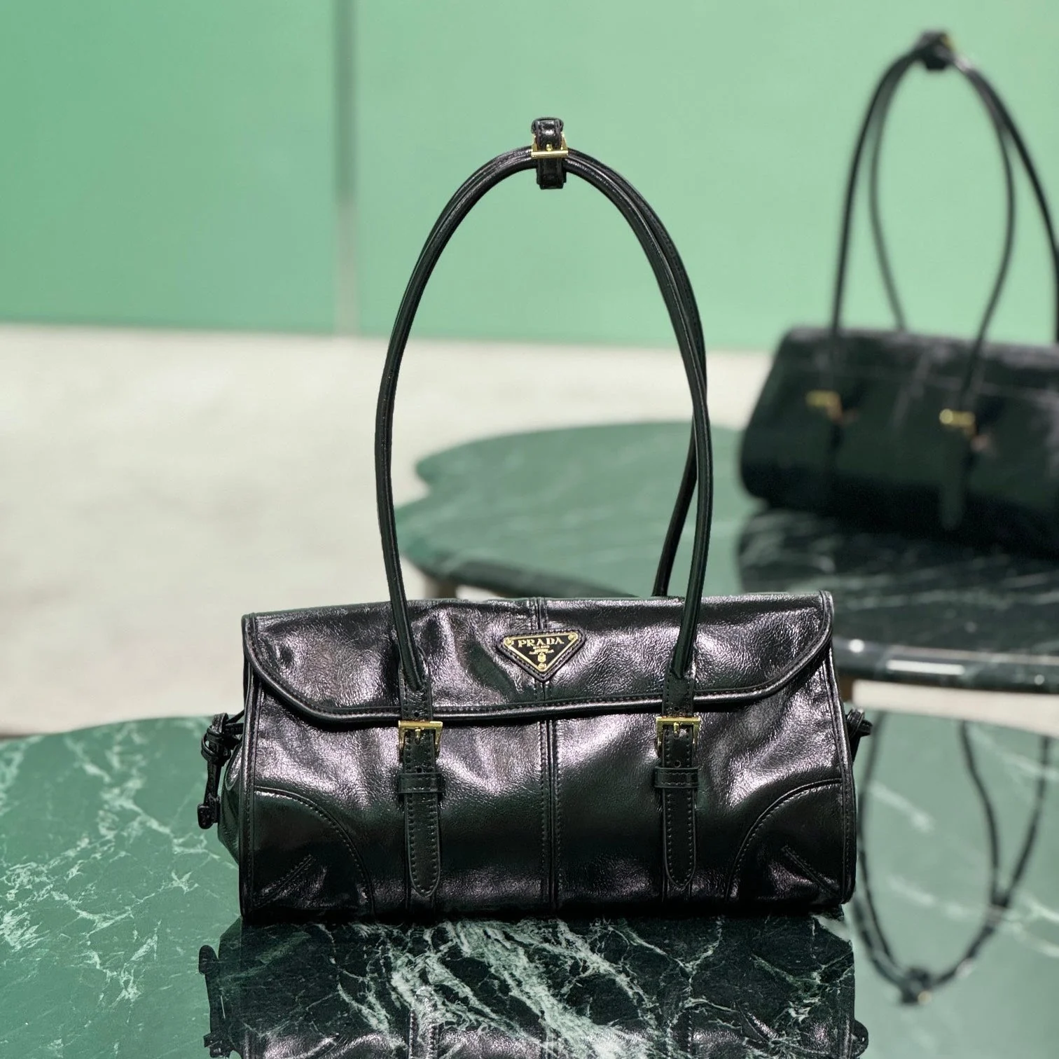 Prada HANDBAG 31 IN BLACK OIL WAX LAMBSKIN
