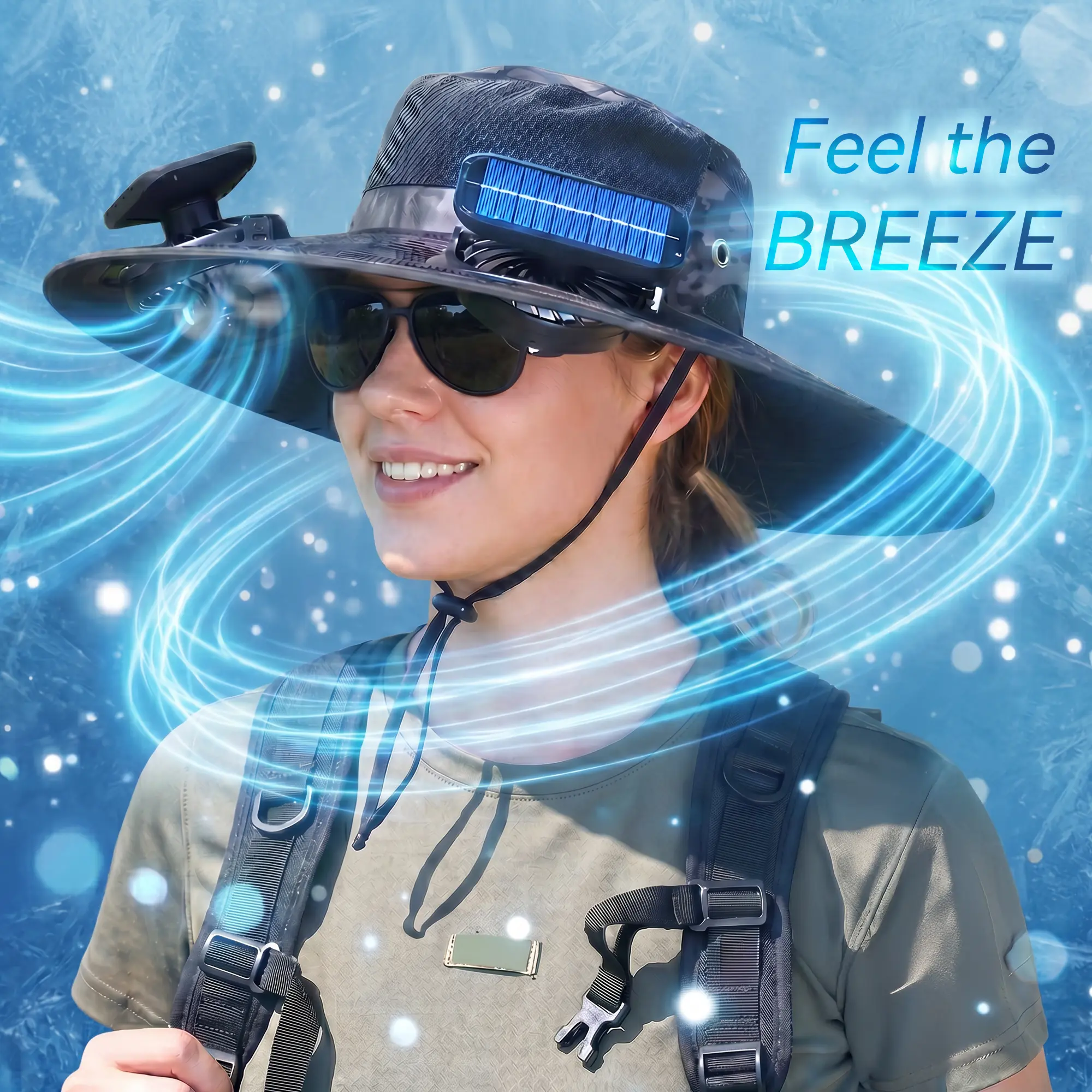 Dual Solar Fan Hat with Misting Spray - Wide Brim UPF 50+ Sun Protection Bucket Hat, Hands-Free Cooling Cap