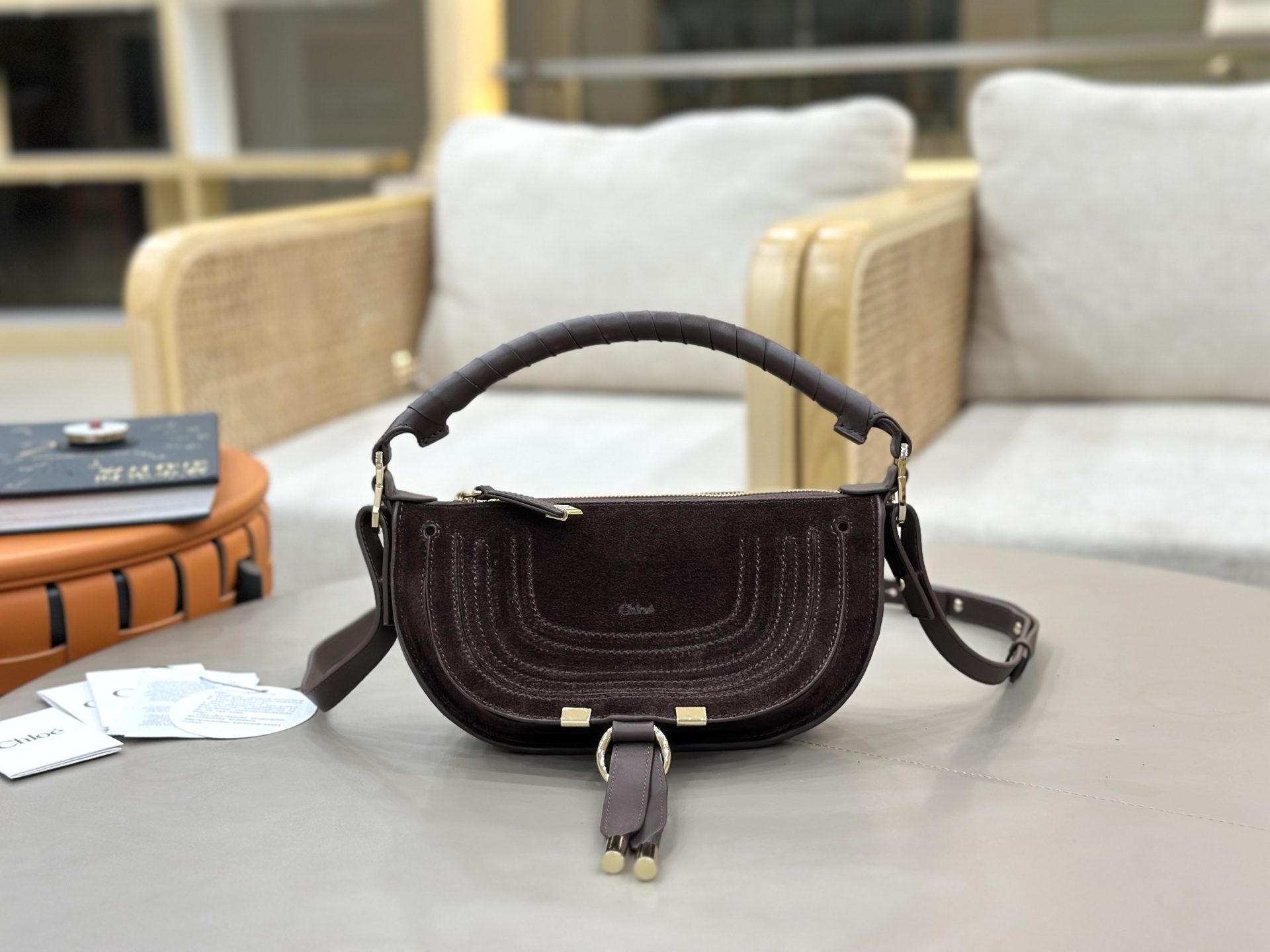 Chloe Mini Marcie Shoulder Bag in Suede Calfskin-Chocolate
