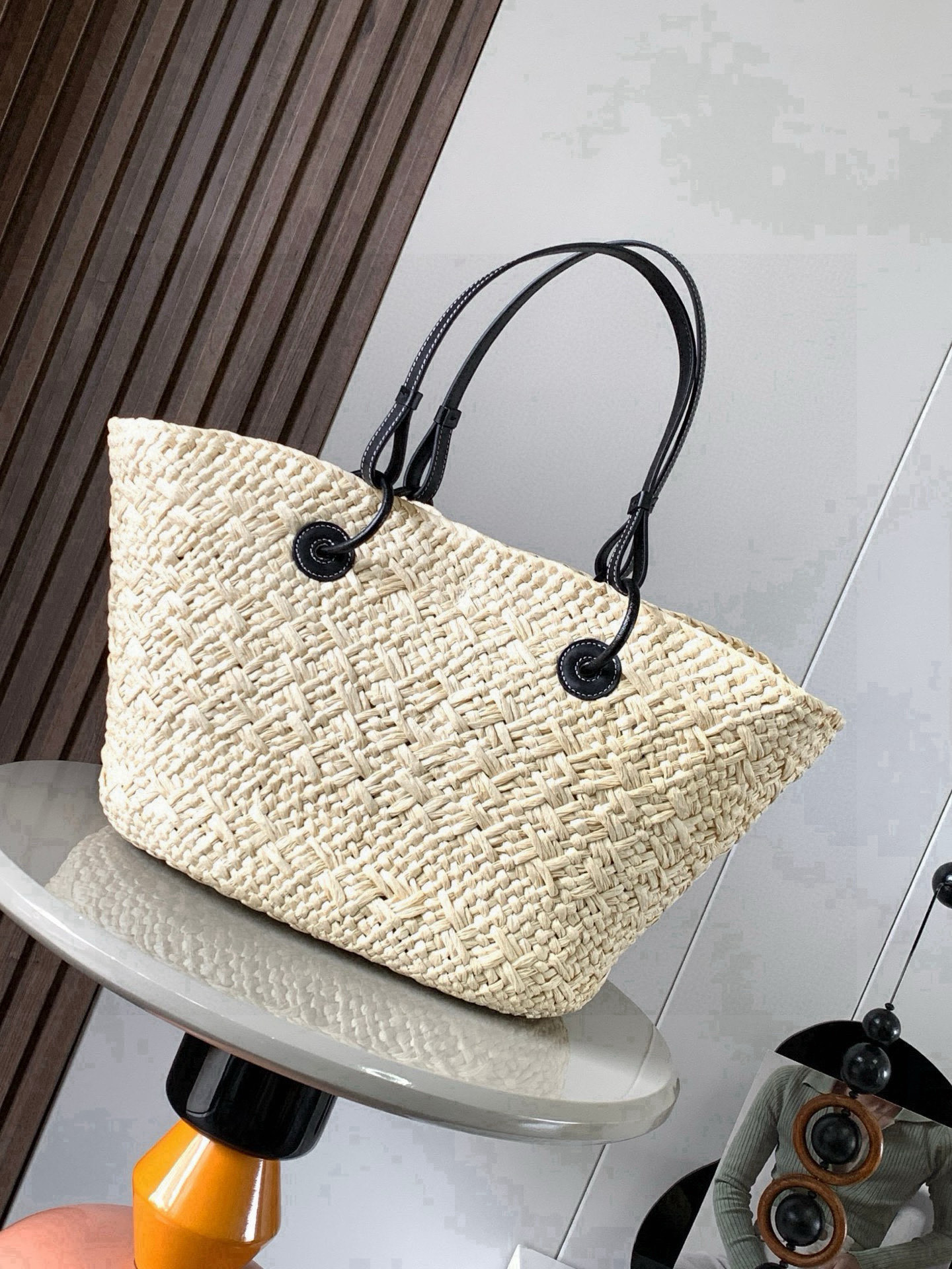 Loewe Black Woven Raffia Leather Anagram Logo Straw Basket  Beach Tote Bag - KAIROO