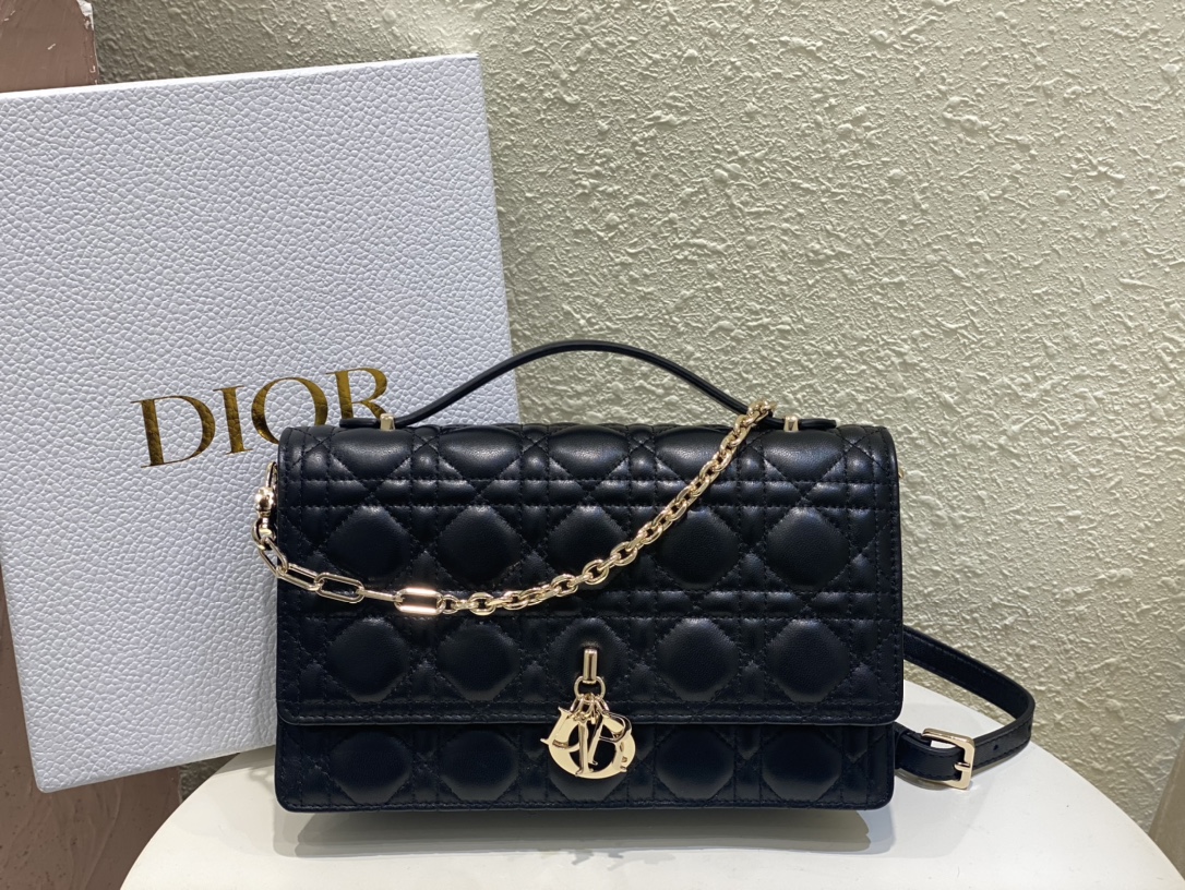 Miss Dior Top Handle Bag/Clutch in Black Cannage Lambskin