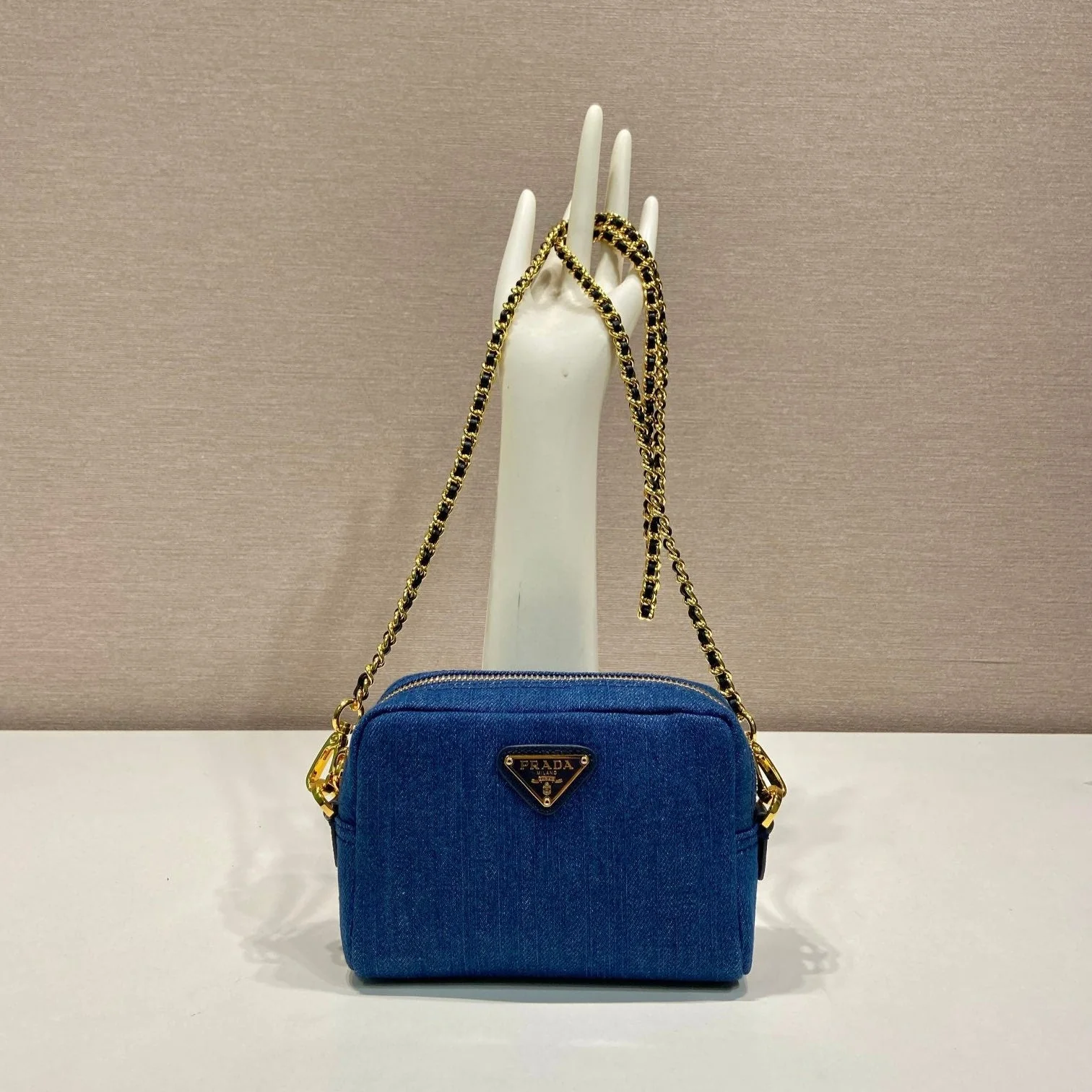 Prada MINI BAG 14 IN AZURE BLUE DENIM GOLD HARDWARE