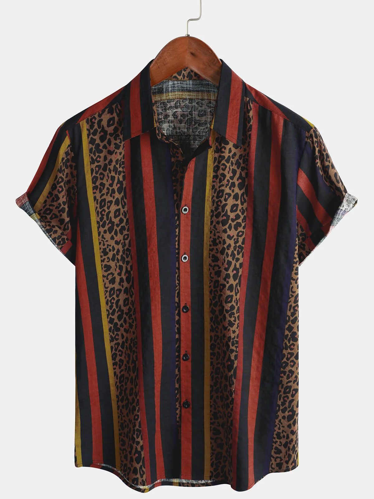 Men's Vintage Leopard Vertical Stripe Button-Up Short Sleeve Shirt