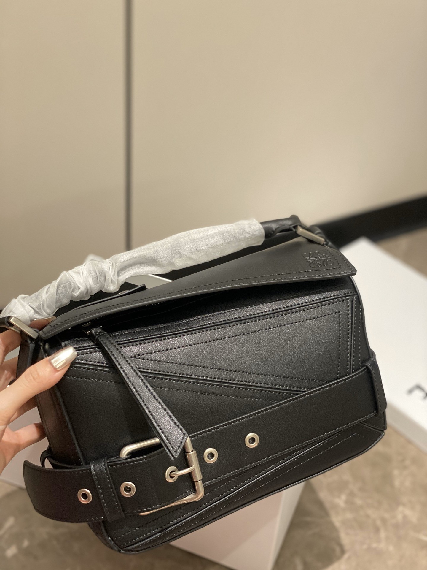 Loewe Puzzle Black Geometric Biker Jacket Buckle Belt Handle Shoulder Bag - KAIROO