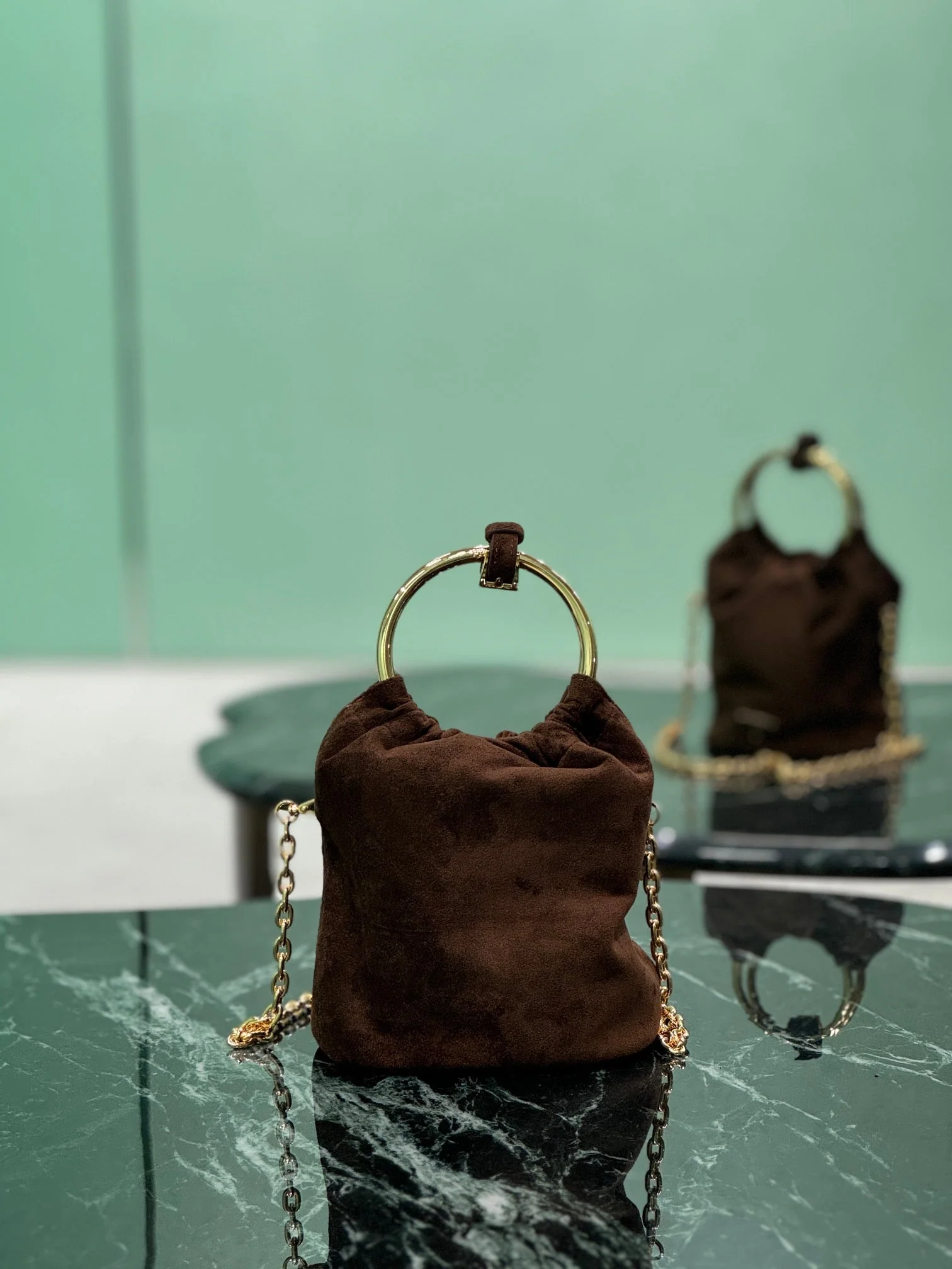 Prada MINI BUCKET BAG 19 IN CHOCOLATE SOFT SUEDE GOLD HARDWARE