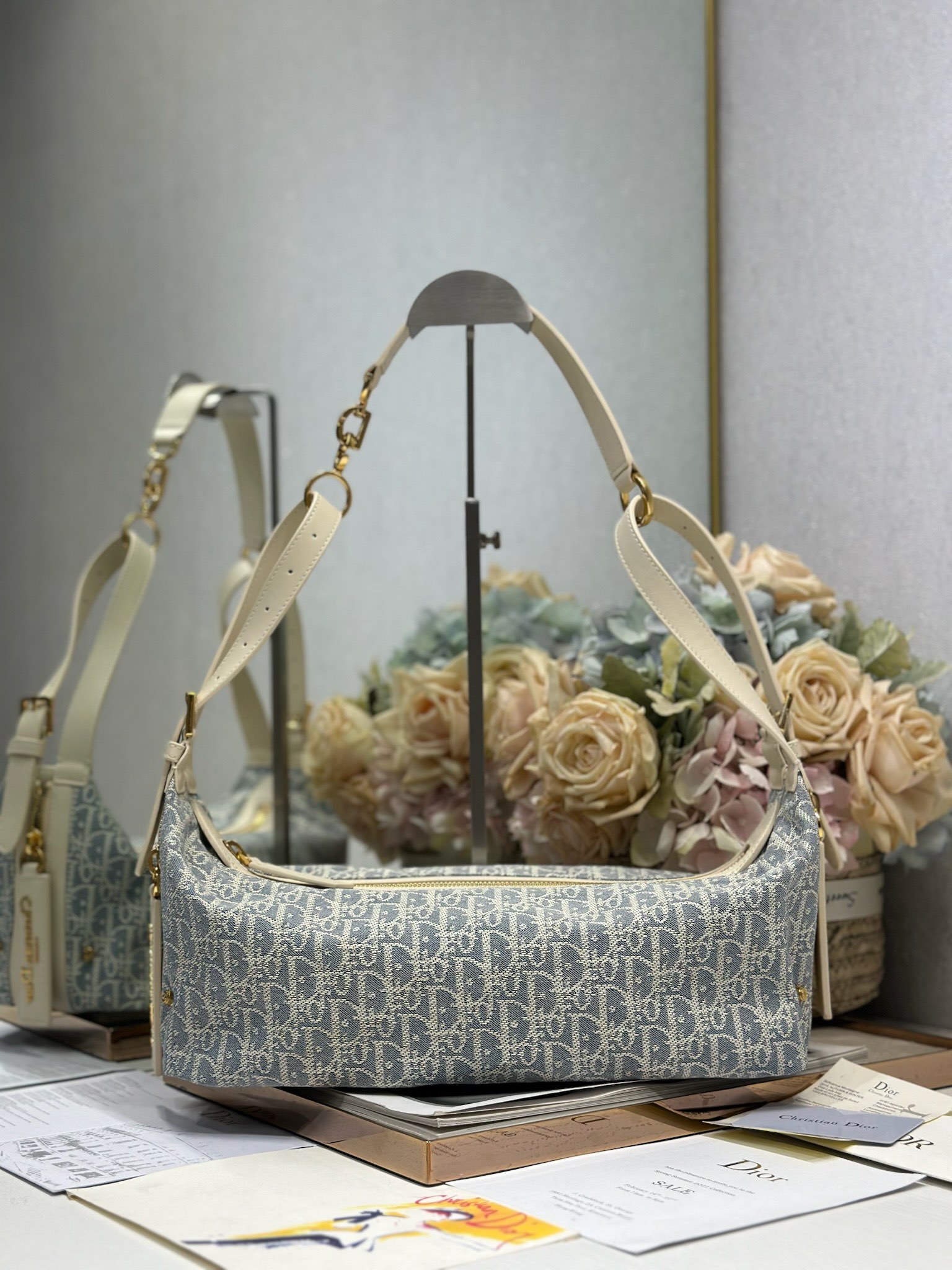 Dior D-Journey Medium Shoulder Bag in Light grey Oblique canvas and leather