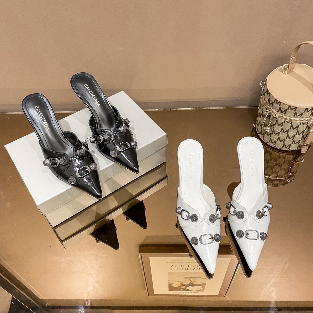 Balenciaga Cagole Buckle And Arena Studded Leather Pointed Toe Mules Sandals /Top Version - KAIROO