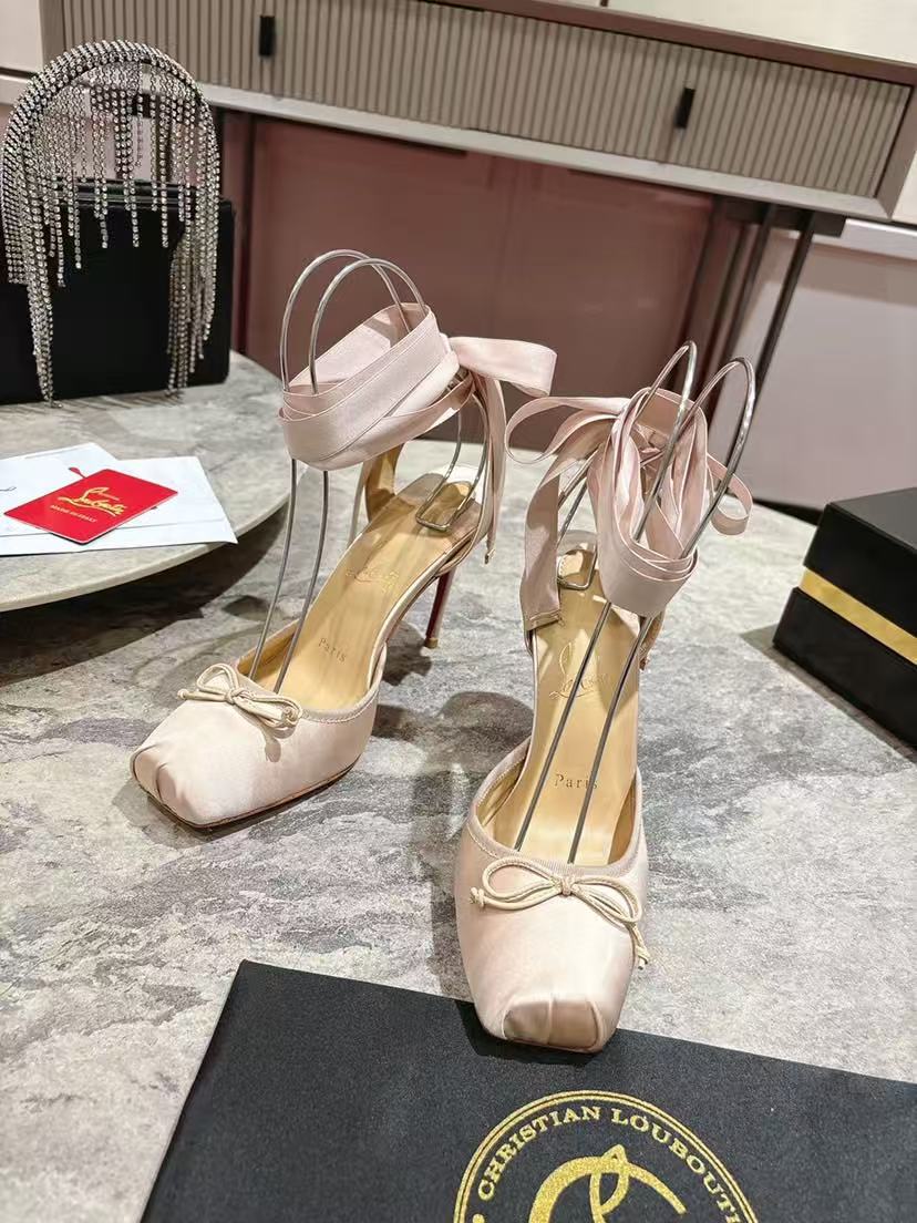 Christian Louboutin Ballet Square Toe Satin Ankle Strap Wrap Heels (Red Sole) - KAIROO