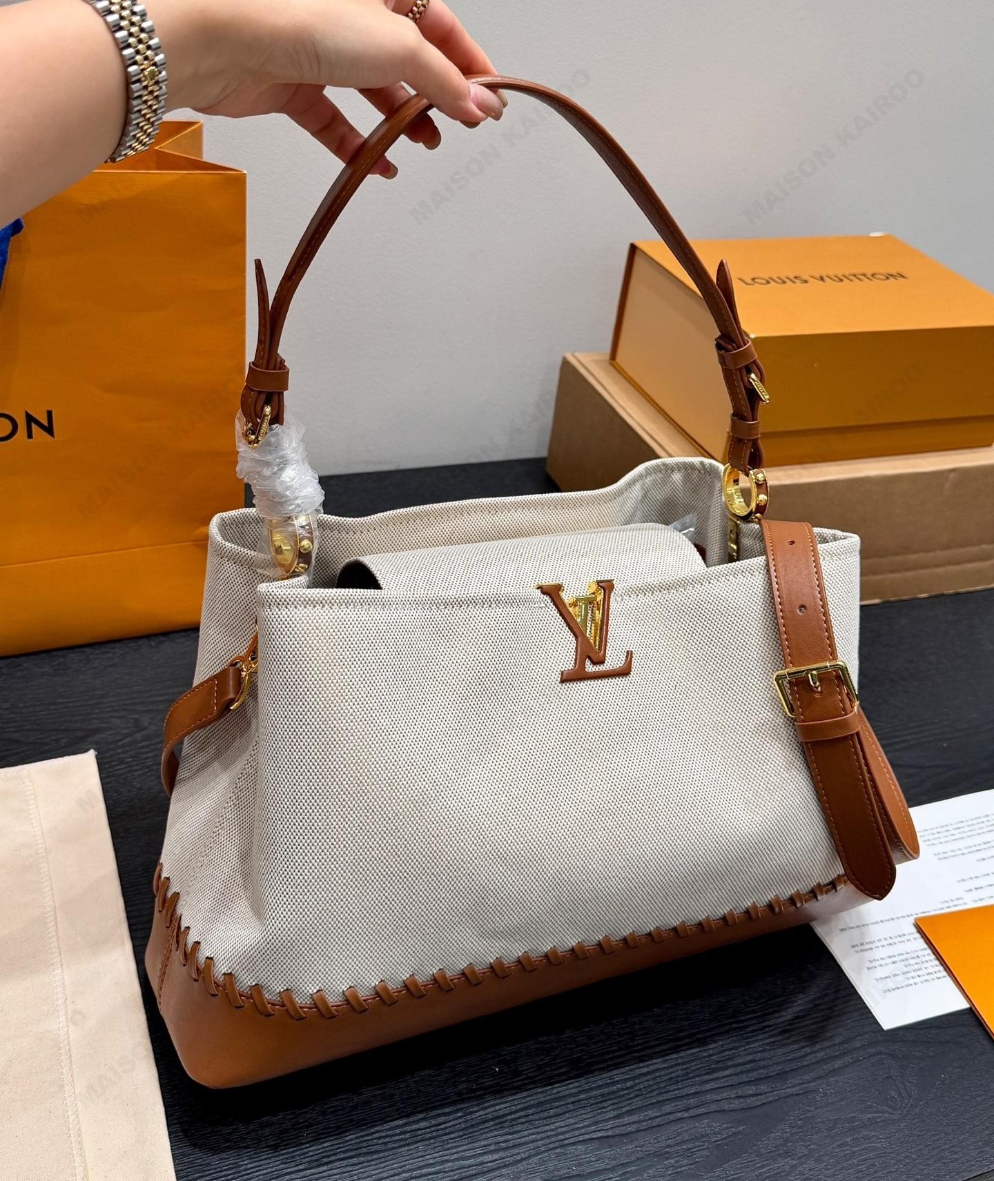 Louis Vuitton LV Capucines Weekender Beige Brown Braided Trim Canvas Stitch Hobo Tote Top Handle Bag - KAIROO