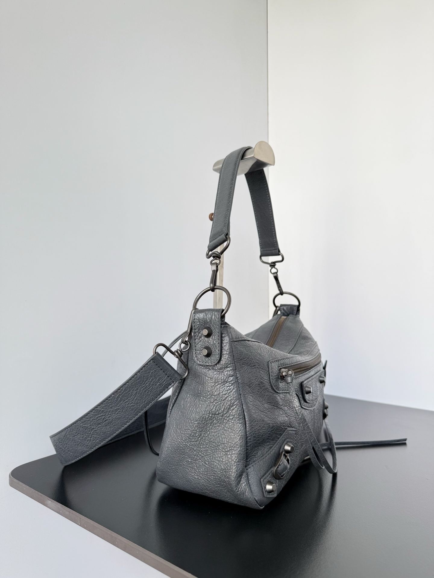 𝐁alenciaga Le City Moto Bag Small in Grey Lambskin