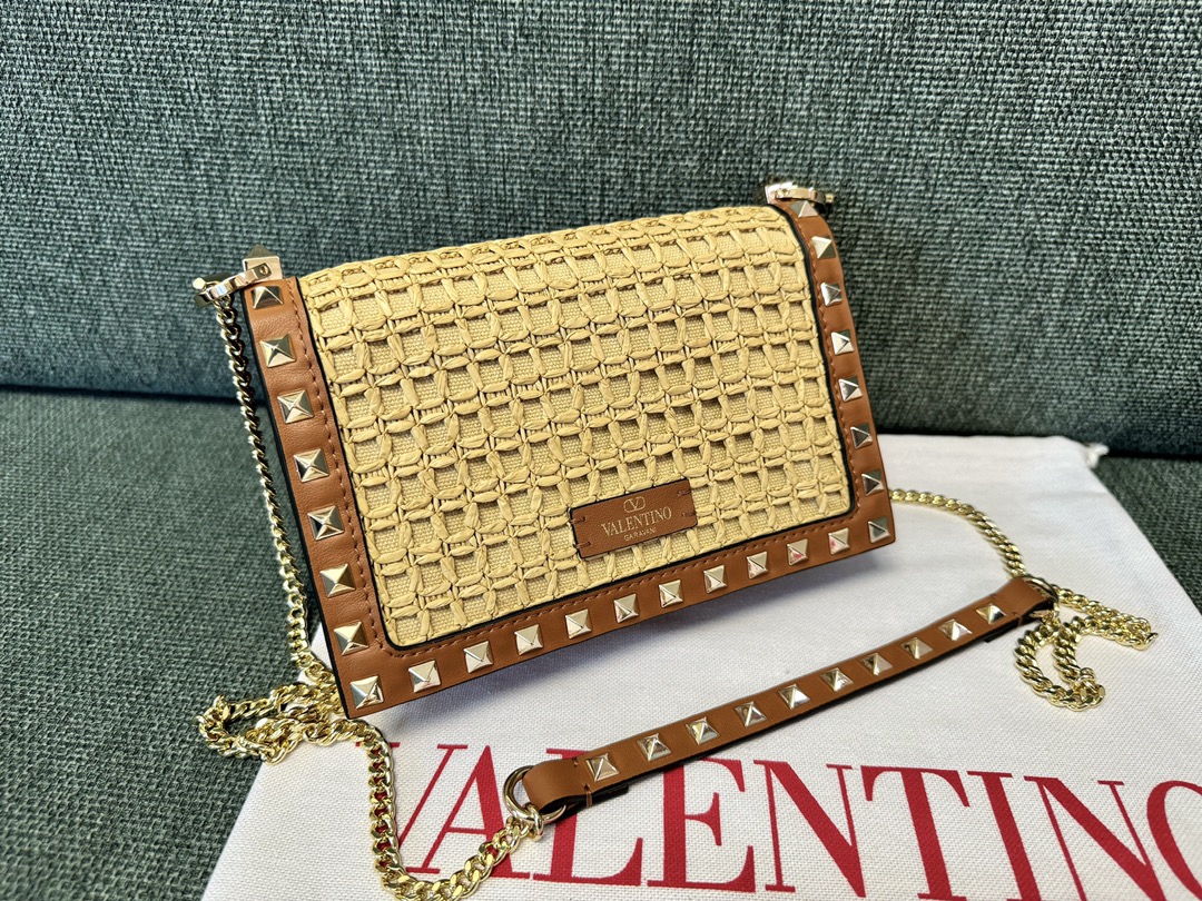 Valentino Rockstud Woven Raffia Leather Platino-finish Studs Chain Flap Shoulder Crossbody Bag - KAIROO