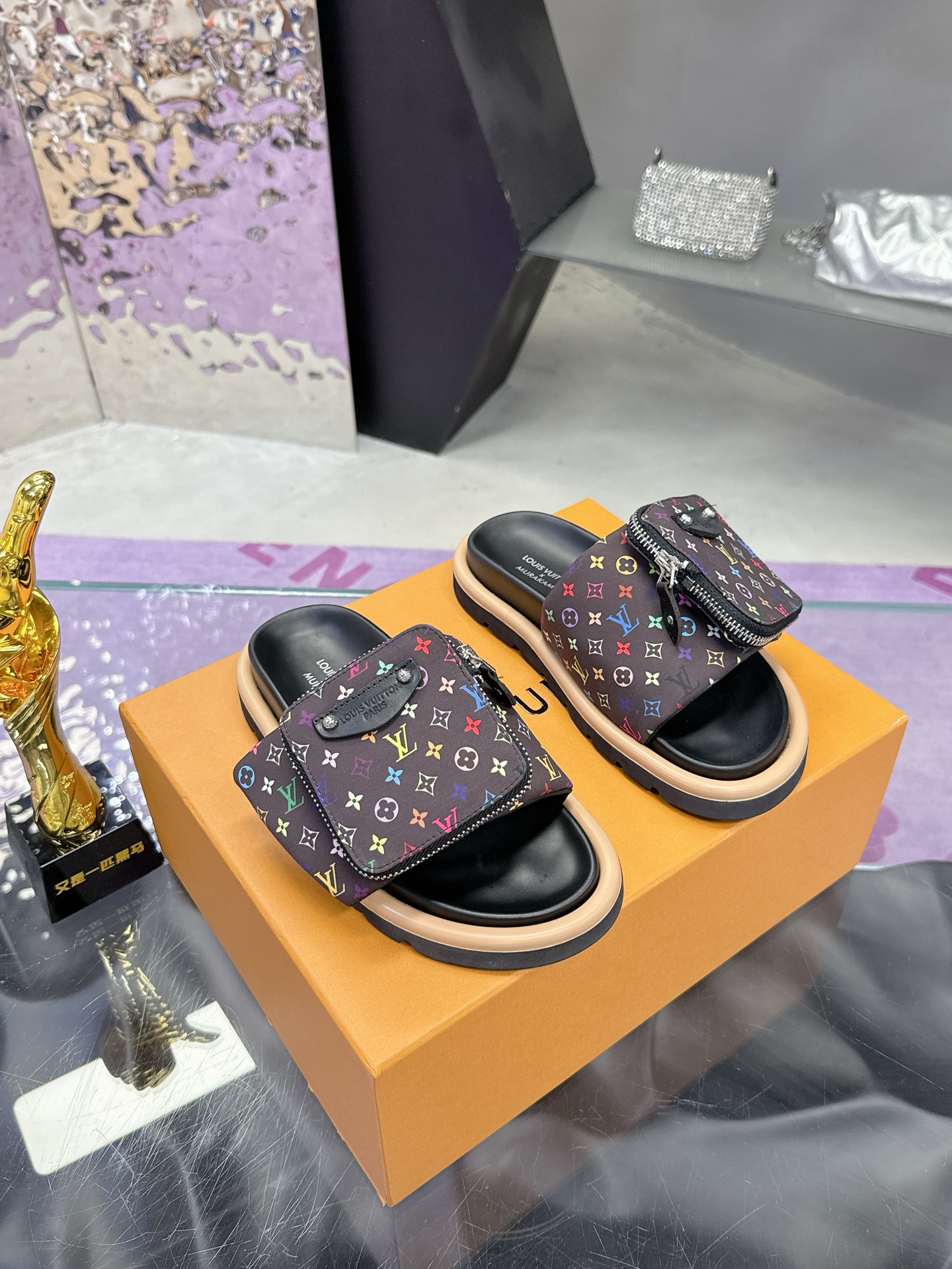 Louis Vuitton × Takashi Murakami Brown Multicolor Monogram Canvas Zipper Pocket Mule Padded Flat Slide Sandals - KAIROO