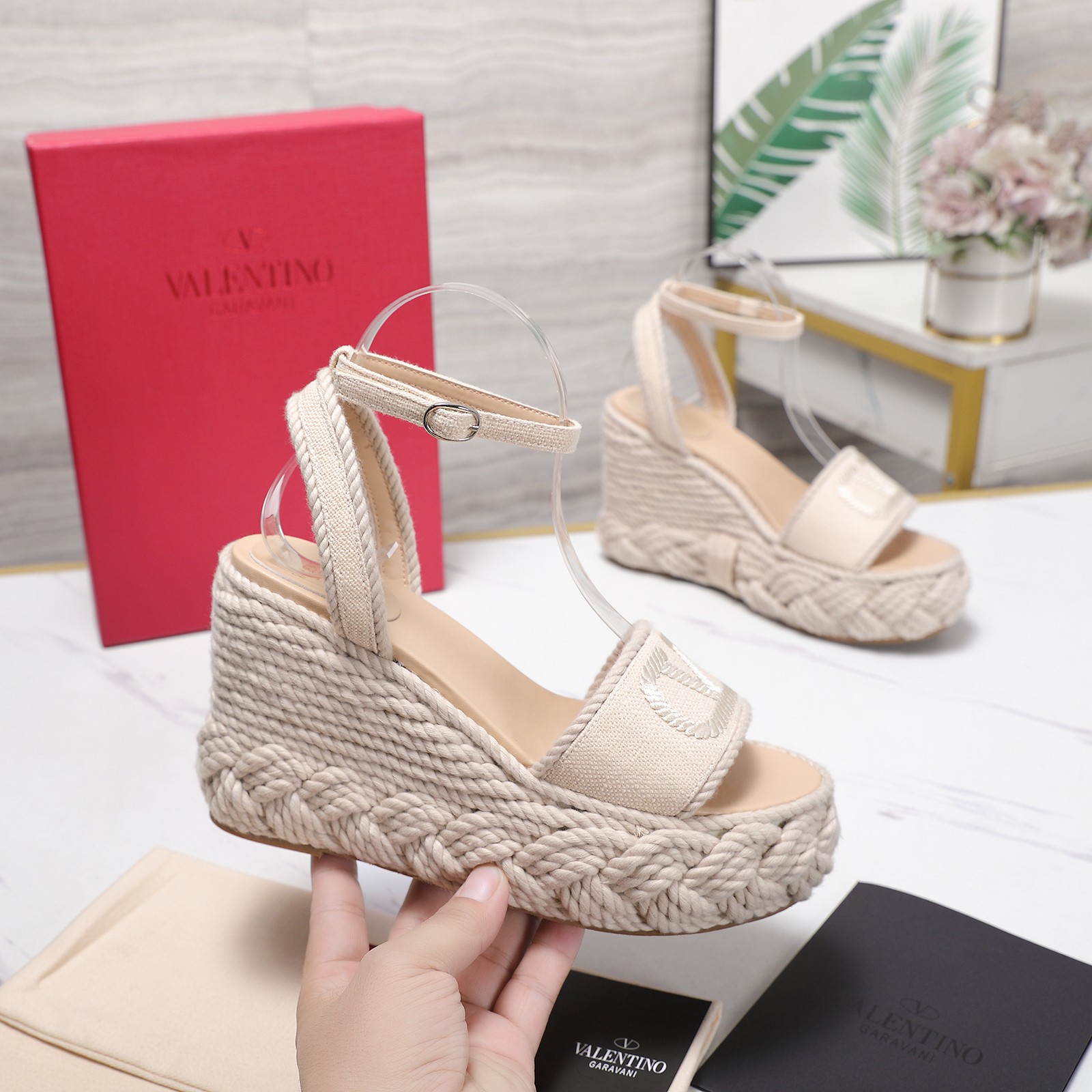 Valentino Garavani Beige Canvas VLogo Embroidered Open Toe Platform Wedge Espadrille Sandal Heel - KAIROO