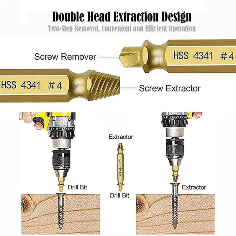 6-Piece Damaged Screw Extractor Set - Double-Head Stripped Screw Remover for Broken Bolts - High-Speed Steel (HSS) Easy Out Tool Kit for Power Drills