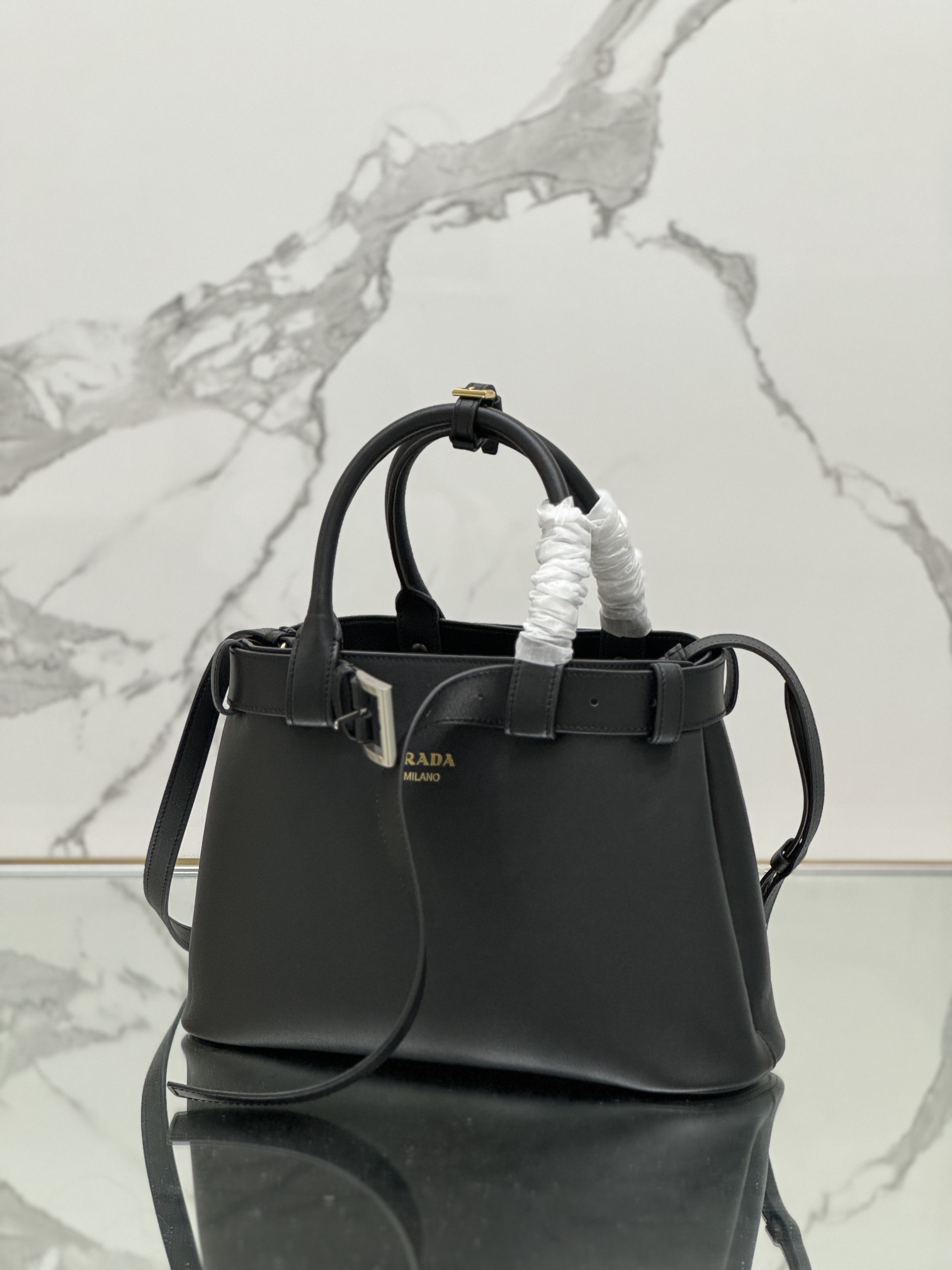 Prada Black Buckle Small leather bag with belt