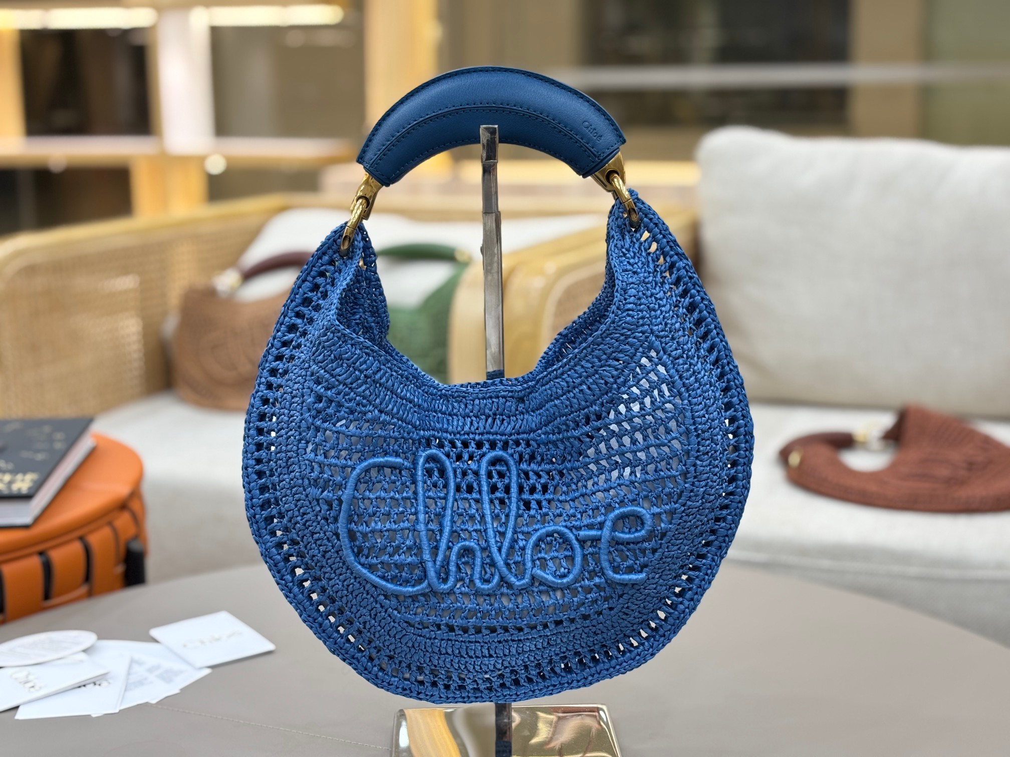 Chloe Summer Banana Hobo Bag in Raffia-Evening blue