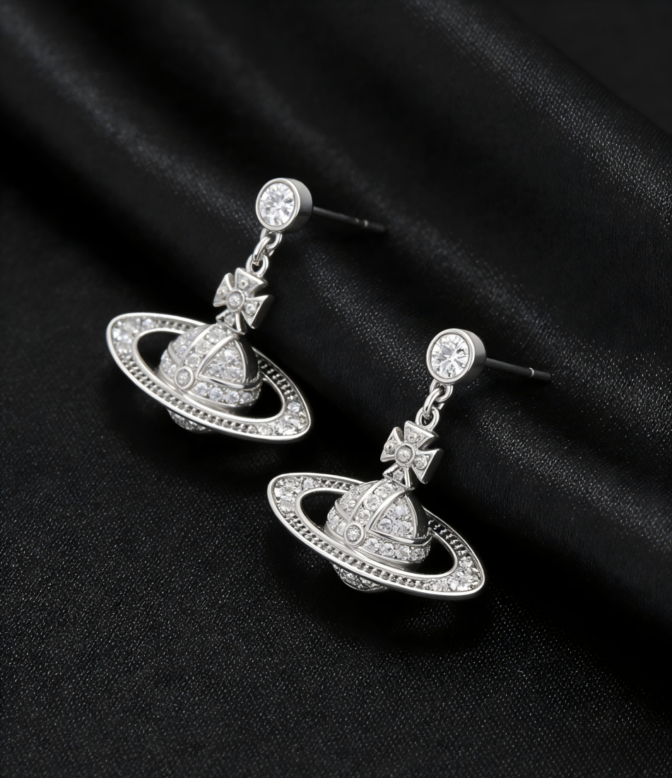 2026 New Vivienne Westwood Crystal Saturn Orb Drop Earrings for Women, Silver Tone Pavé Design, Trendy Y2K Aesthetic Dangle Jewelry