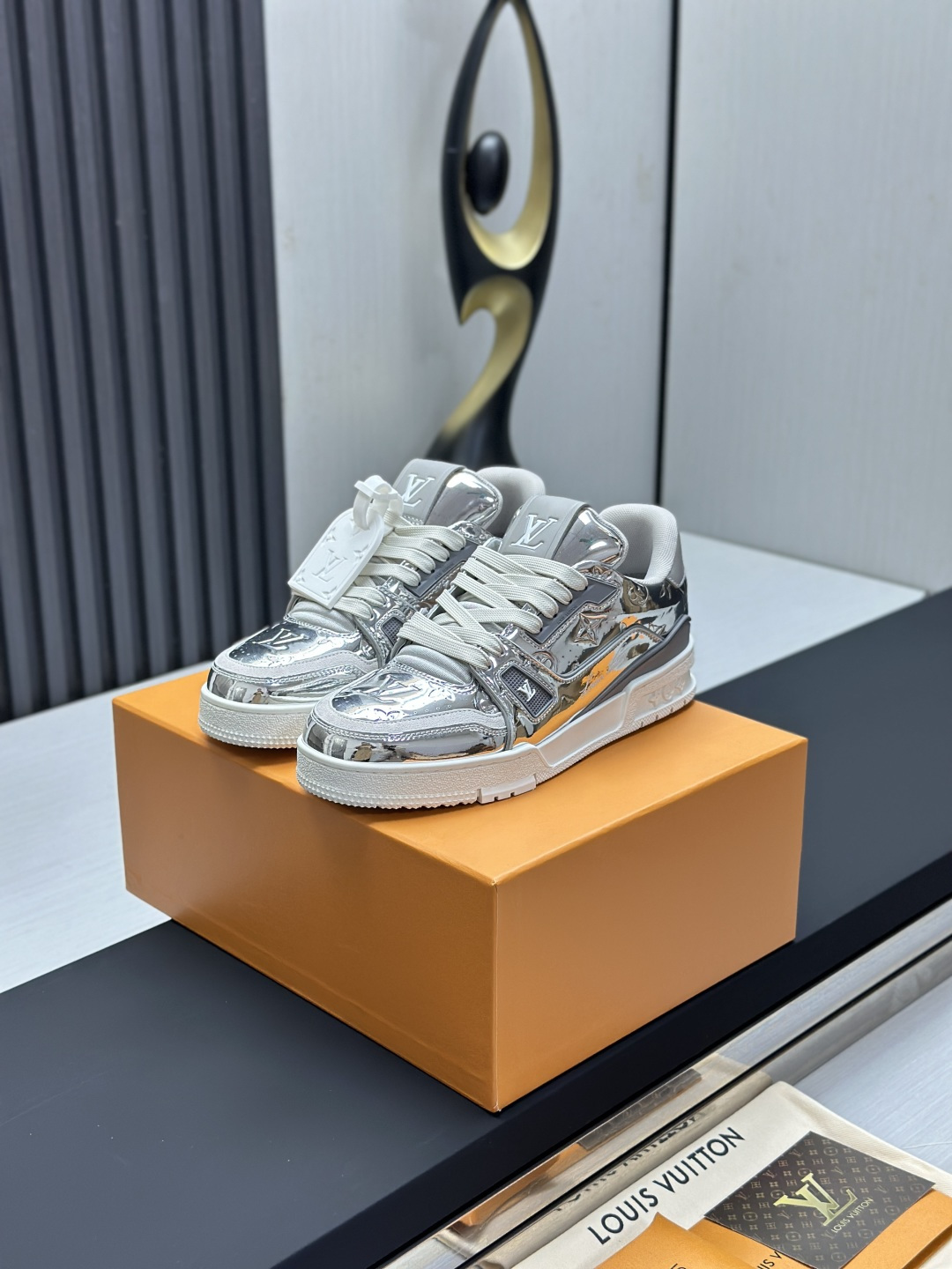 Louis Vuitton LV Trainer Embossed Monogram Metallic Silver Mirror Leather Low Top Sneakers - KAIROO
